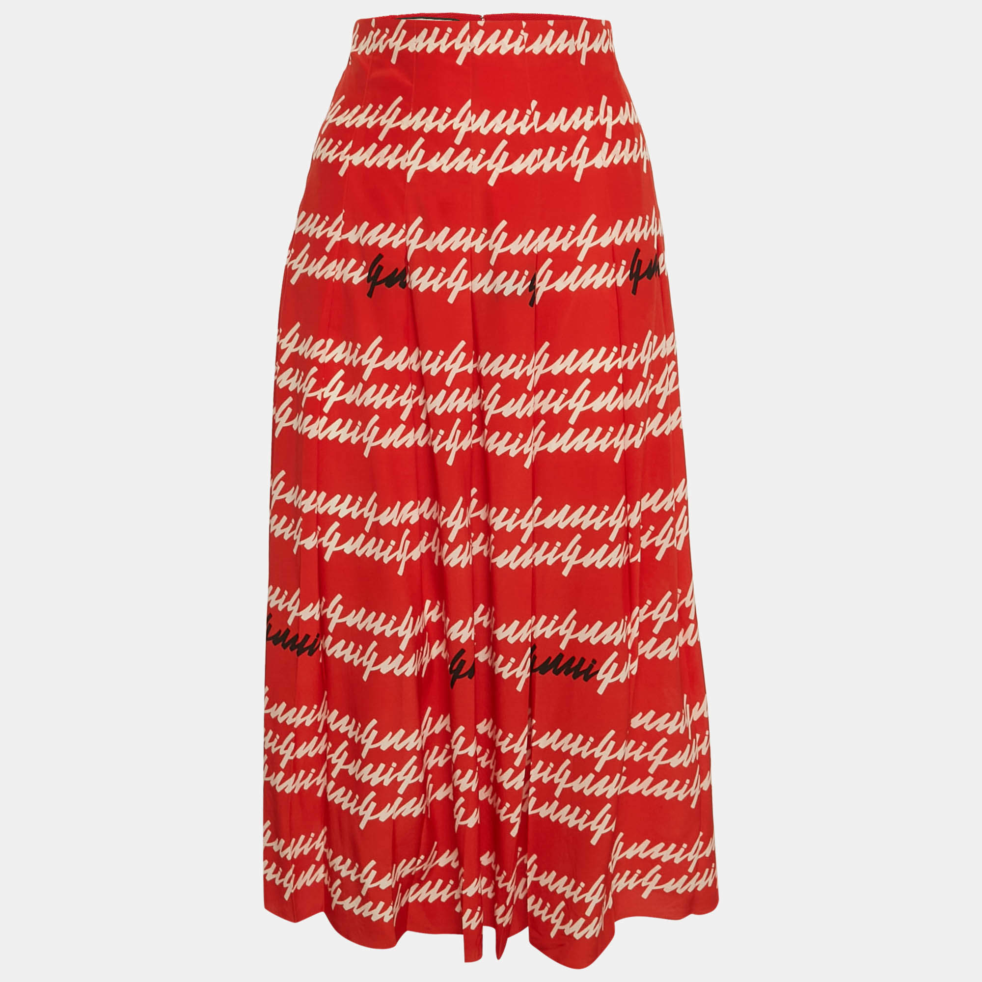 Gucci Red Letters Print Silk Pleated Midi Skirt S