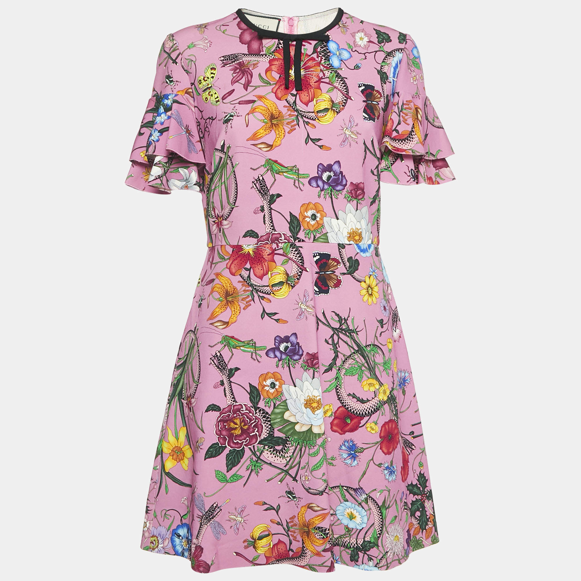 Gucci Pink Floral Print Jersey Flared Sleeve Mini Dress XL 