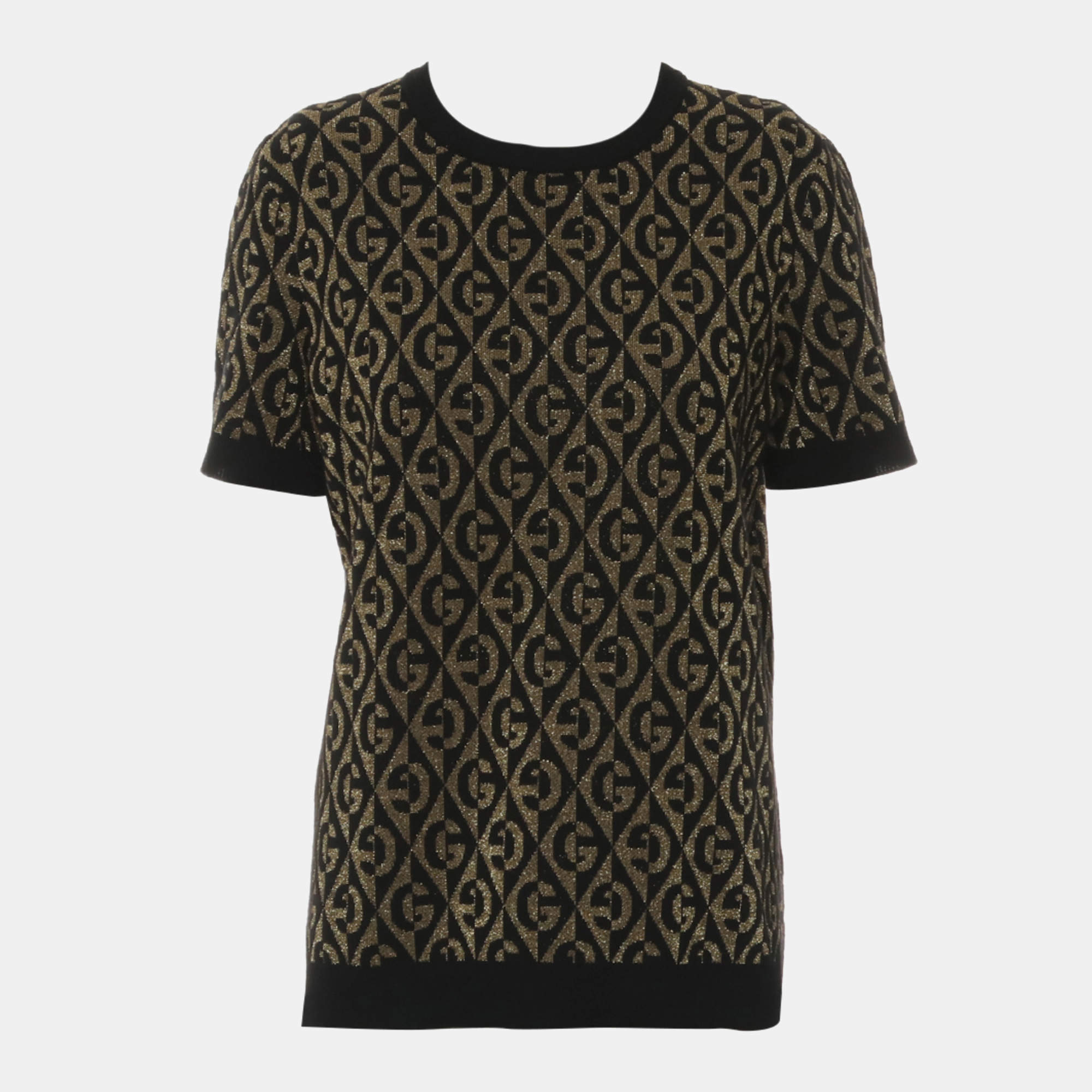 Pre Owned Gucci Black Knit Fabric GG Pattern Short-Sleeve Top L