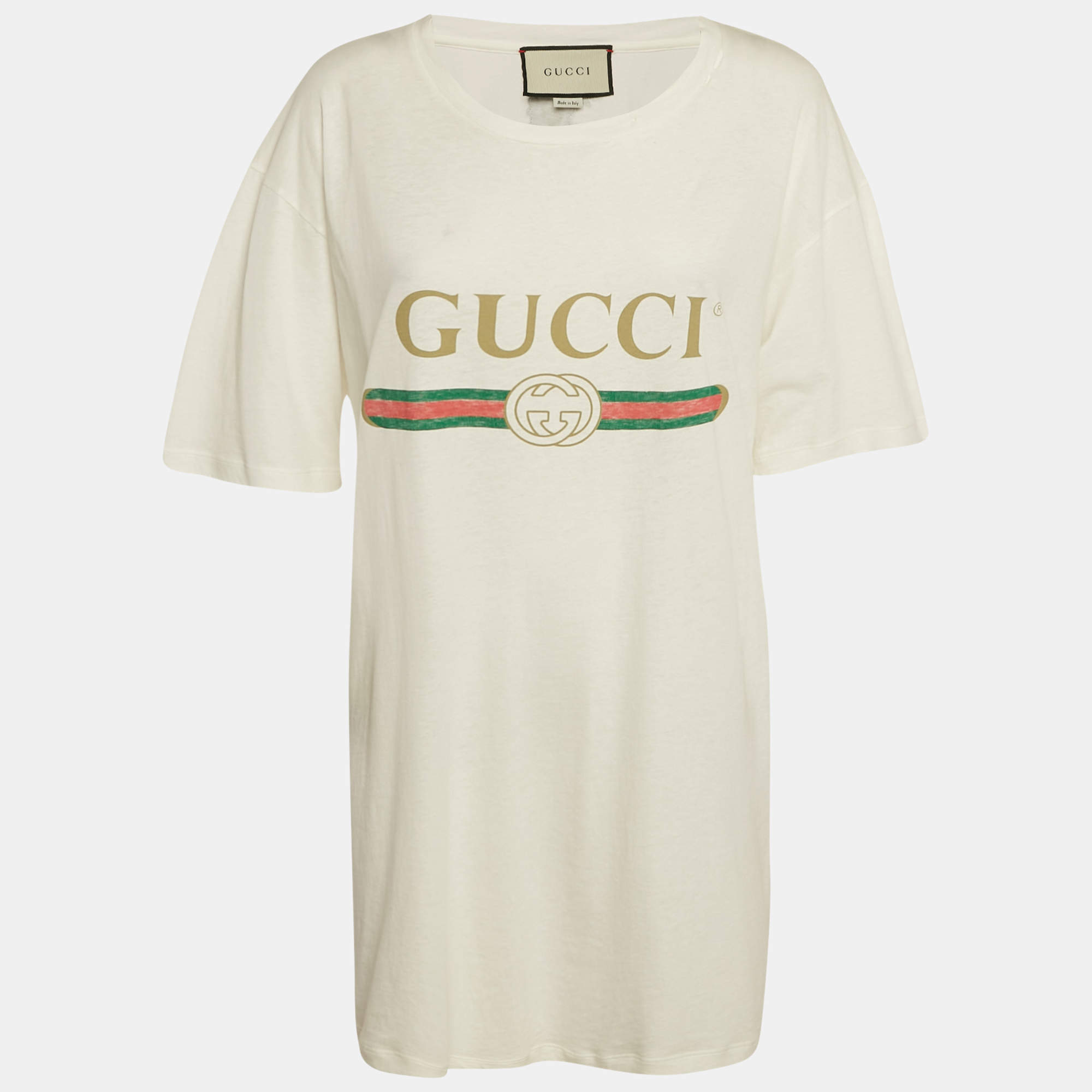 Pre Owned Gucci White Distressed Logo Print Cotton Oversized T-Shirt L