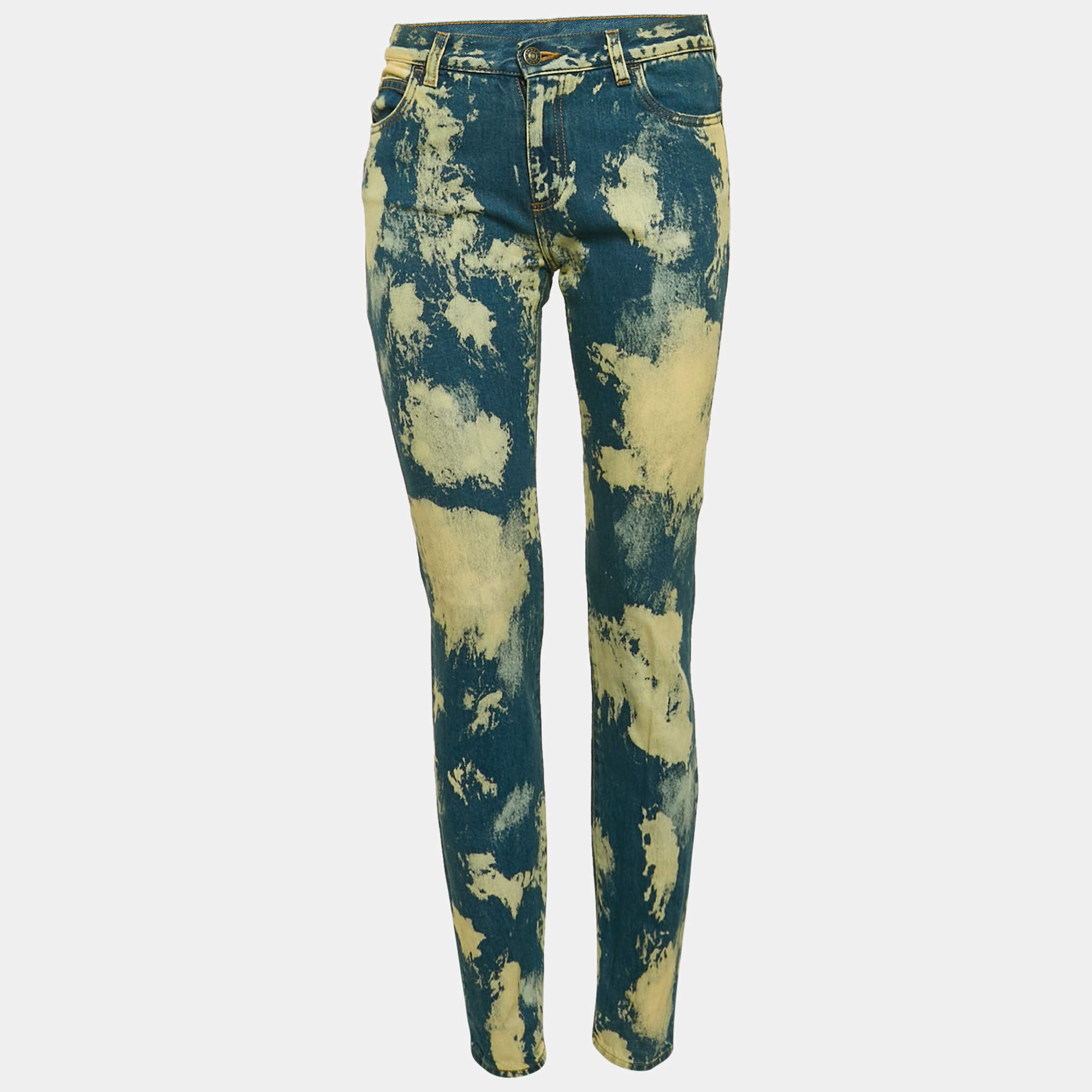 Gucci Blue/Cream Bleached Effect Denim Cat Applique Jeans S Waist 28"