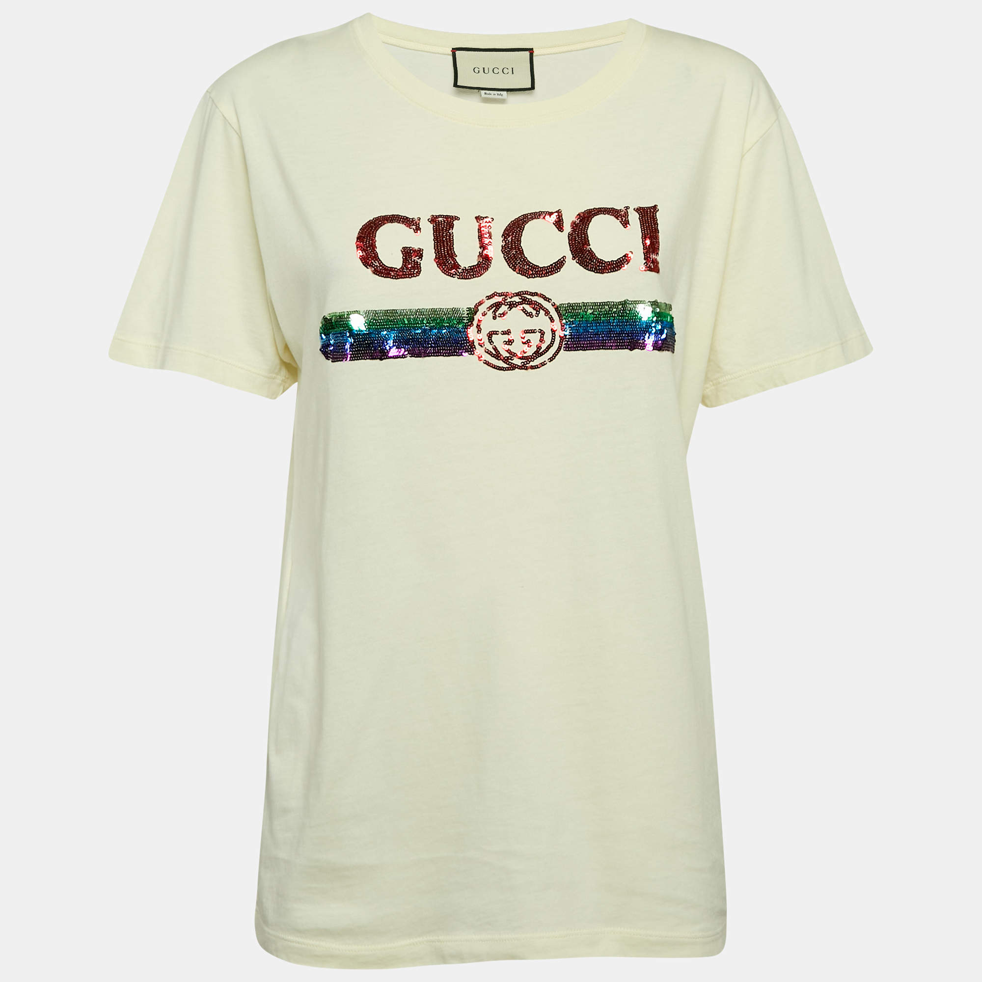 Gucci Light Yellow Logo Embroidered Cotton Oversized T-Shirt XS