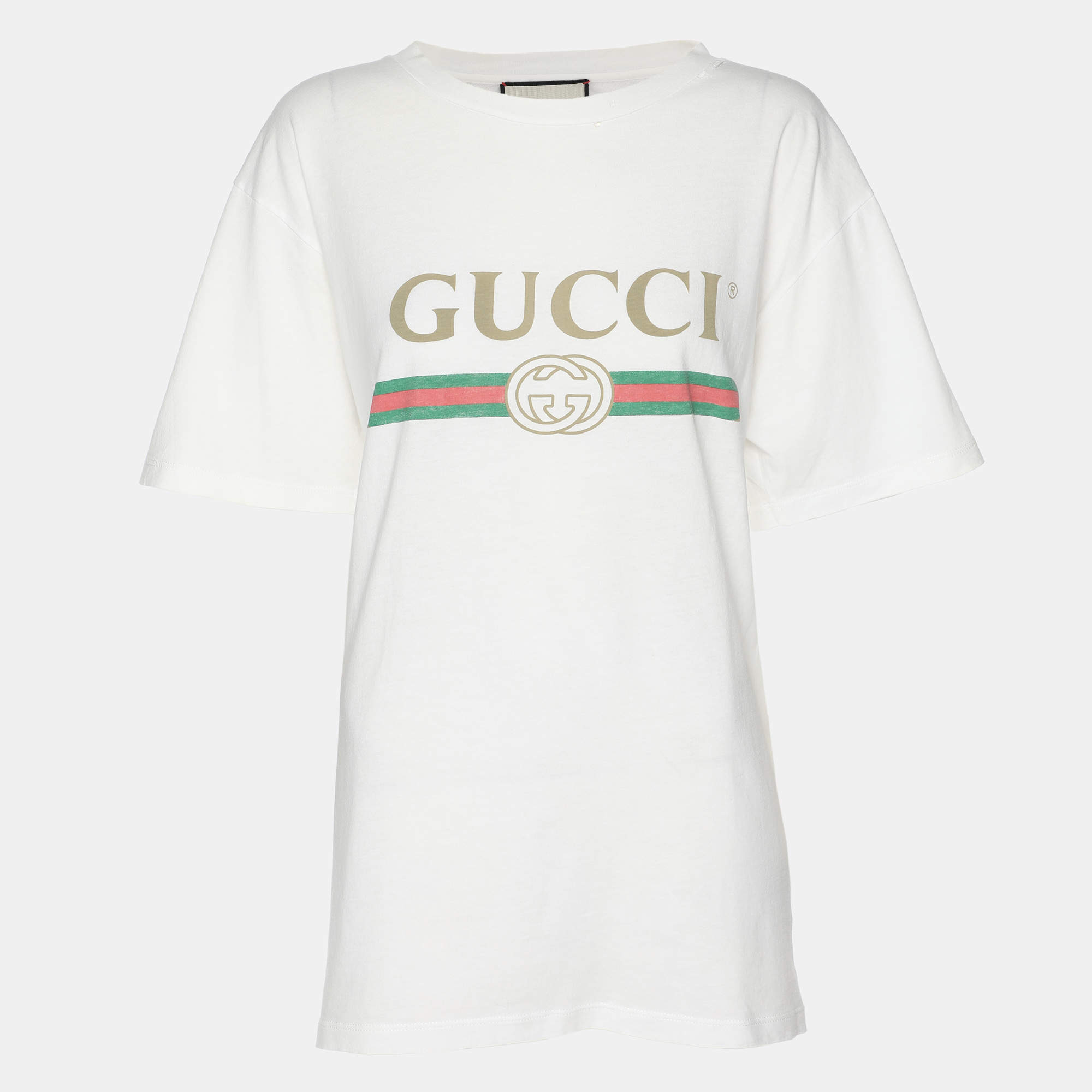 Pre Owned Gucci White Vintage Logo Print Jersey Distressed T-Shirt S