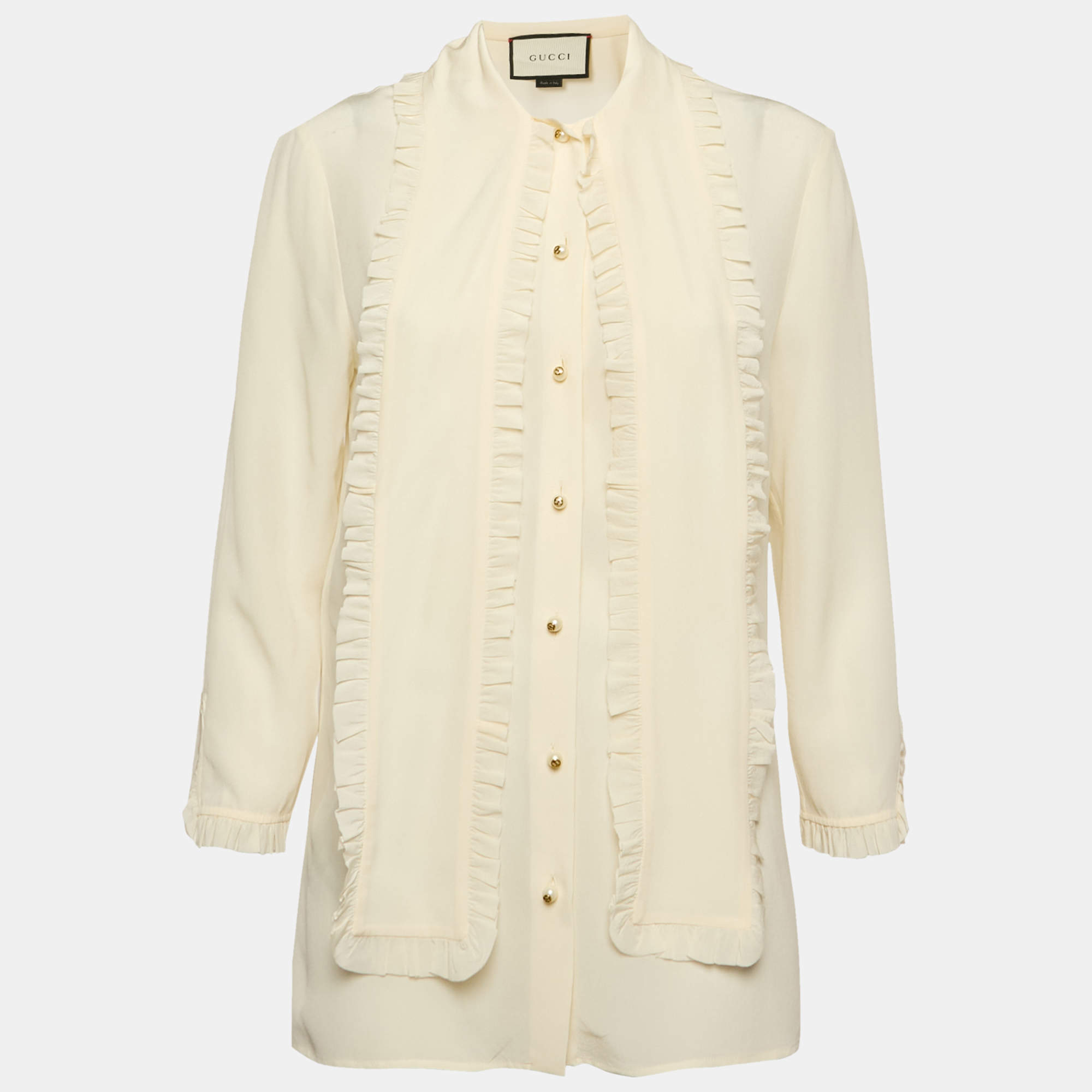 Pre Owned Gucci Off White Silk Ruffle Blouse M
