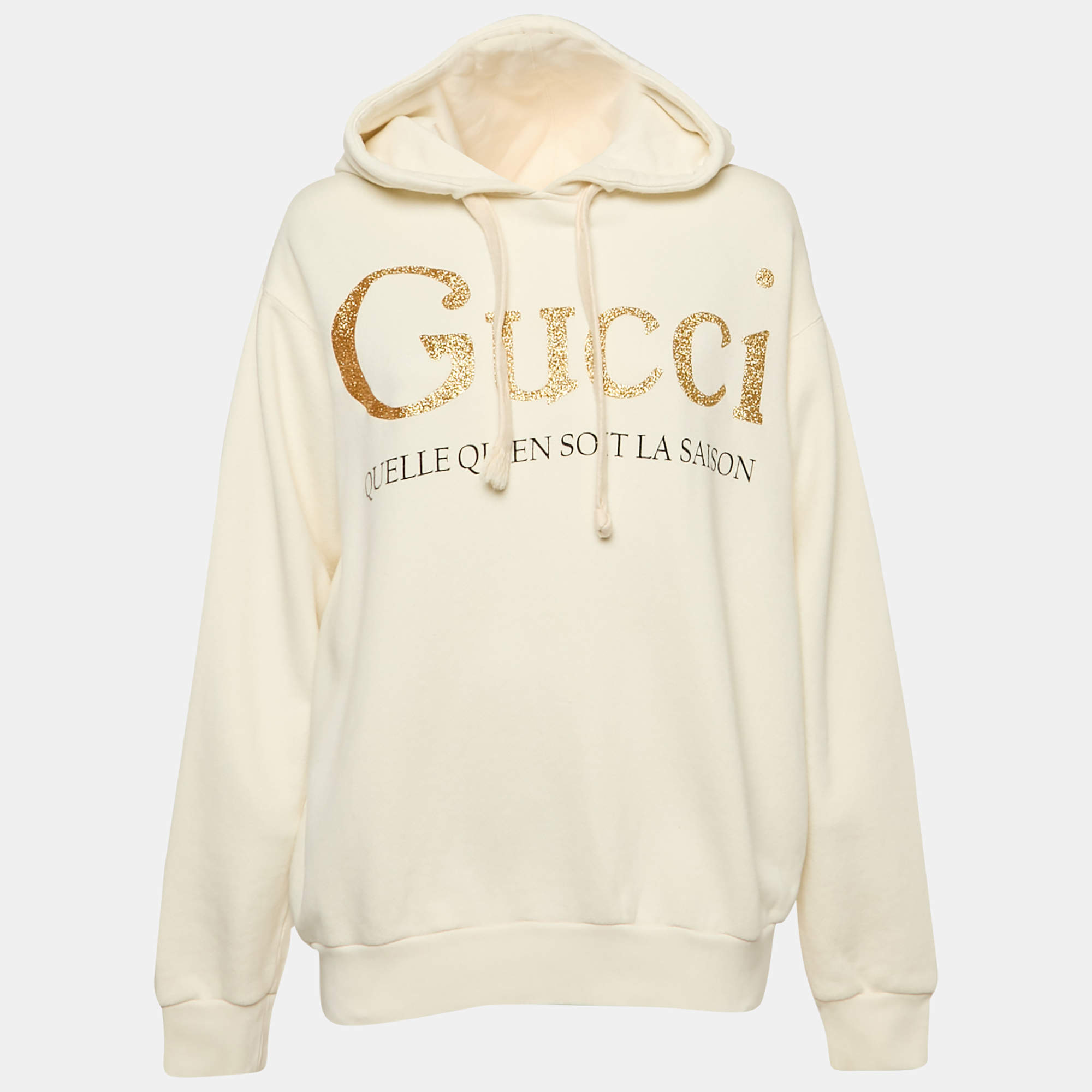 مملوكة مسبقًا Gucci Off White Glitter Logo Print Cotton Hoodie XS