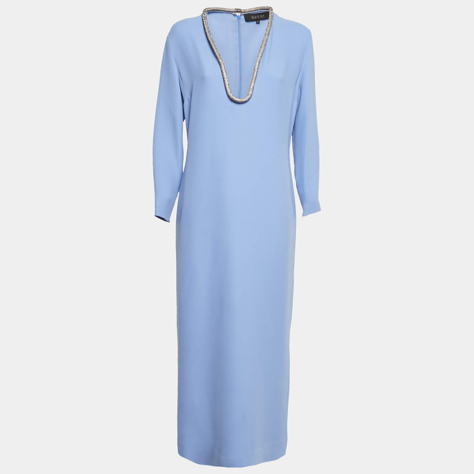 Pre Owned Gucci Blue Silk Stud Detail Long Dress M