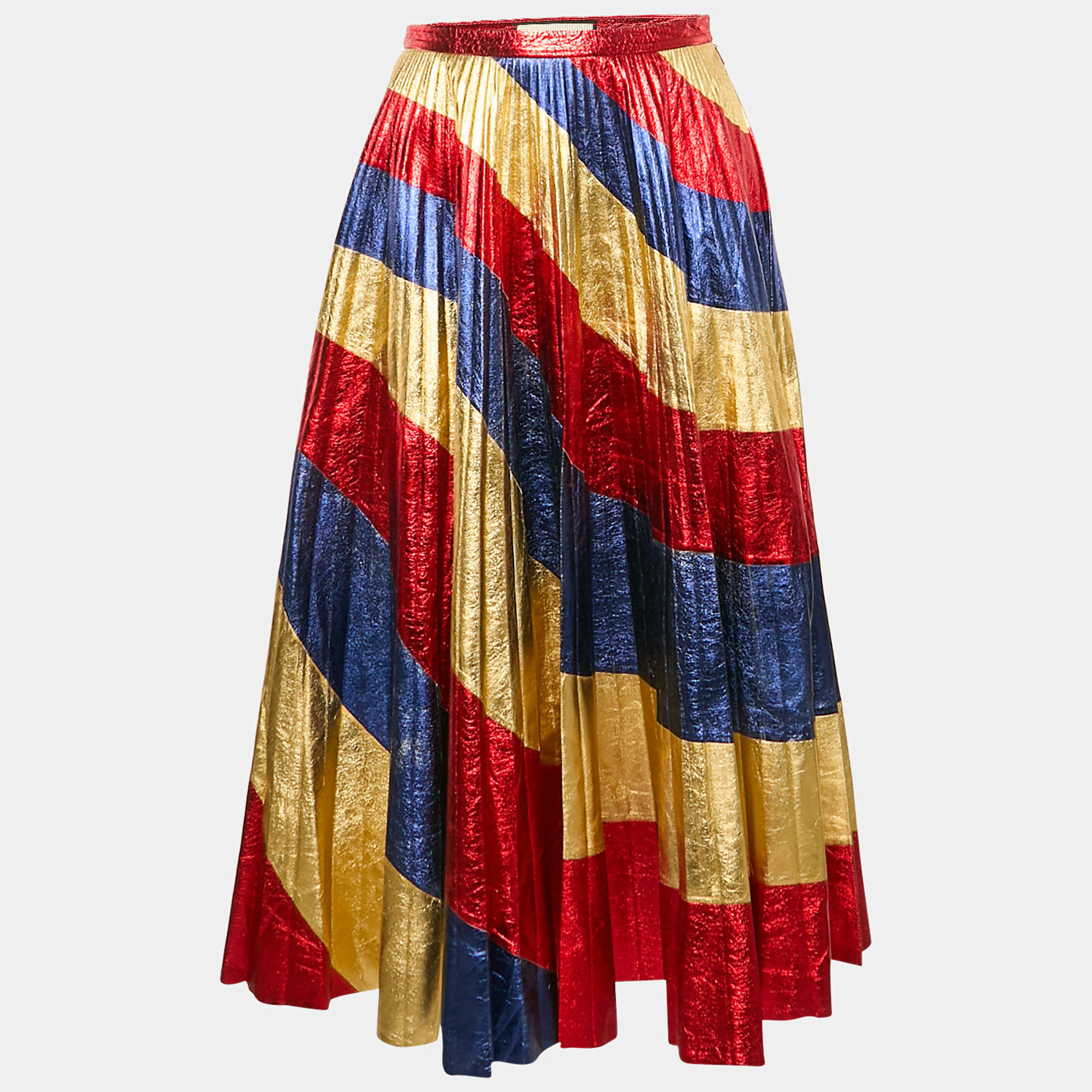  Gucci Red/Blue Coated Leather Plisse Midi Skirt M