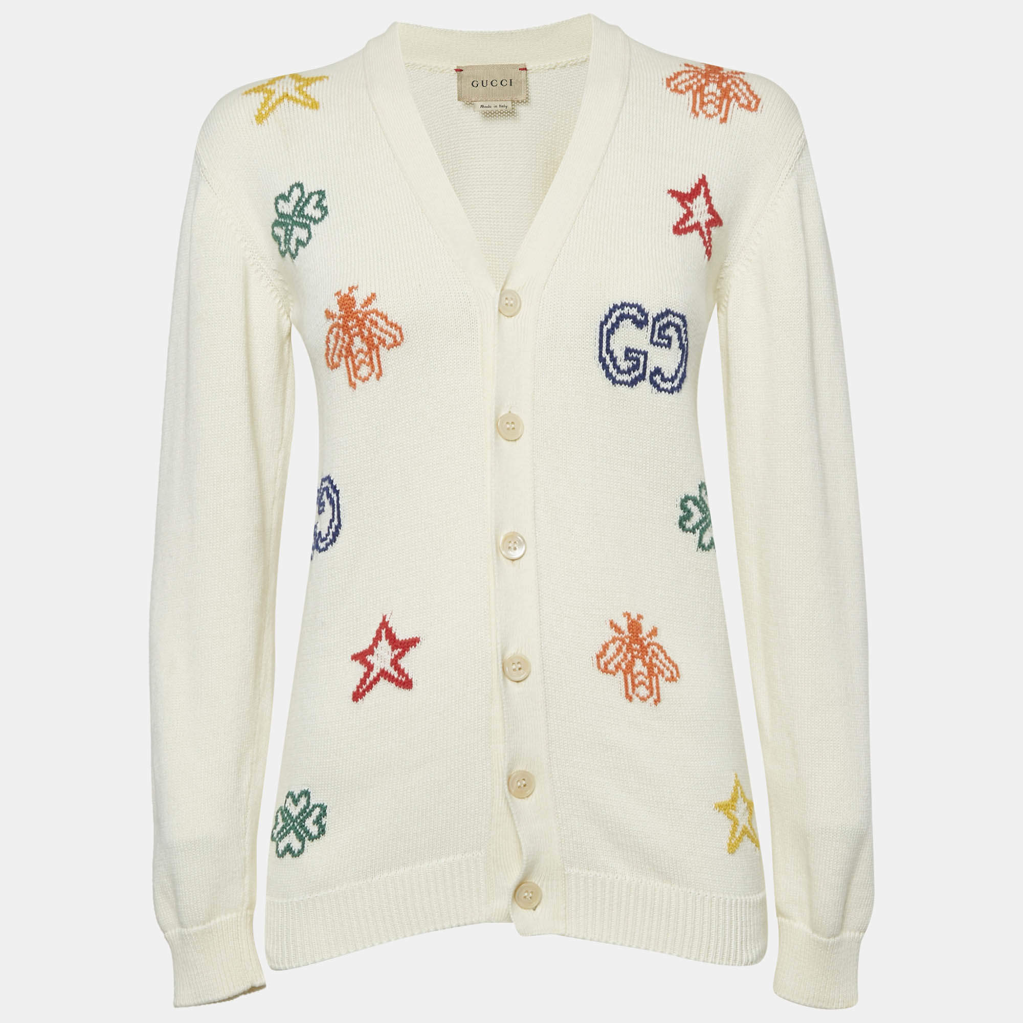 مملوكة مسبقًا Gucci Cream Intarsia Cotton Knit Cardigan XL