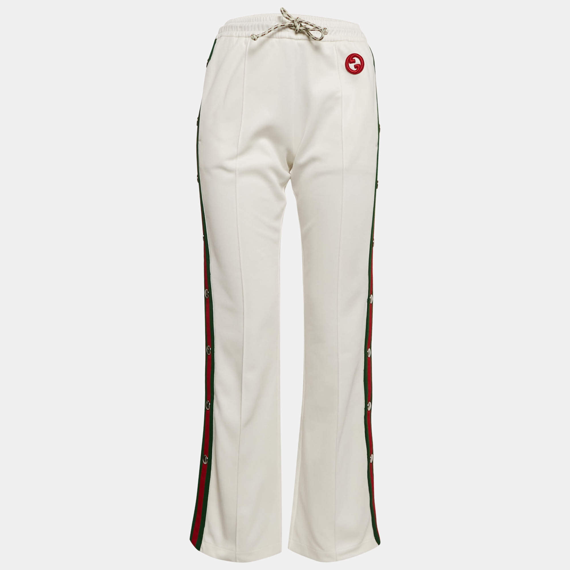 Pre Owned Gucci White Web Trim Jersey Buttoned Slit Detail Track Pants XS