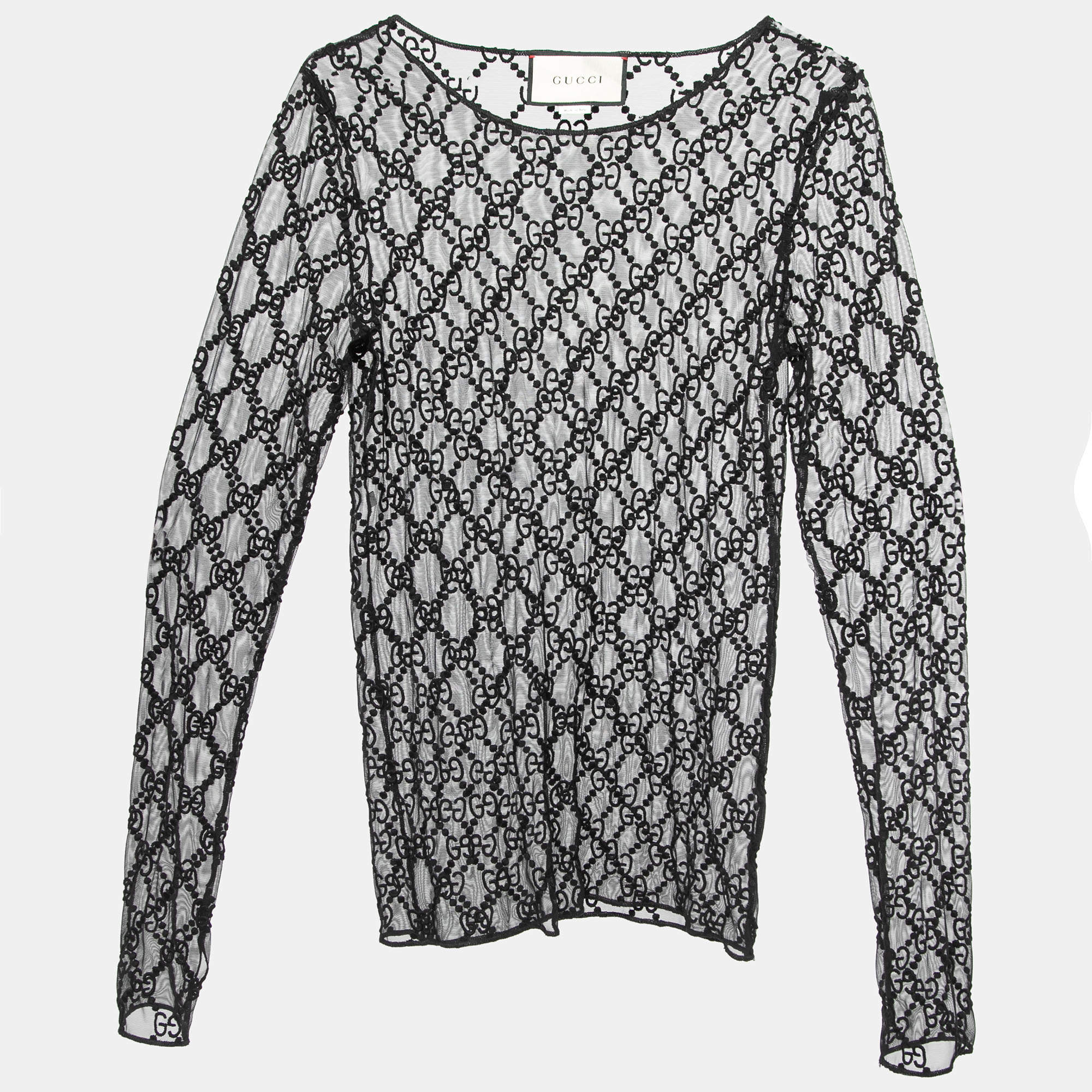 Pre Owned Gucci Black GG Embroidered Tulle Long Sleeve Sheer Top S