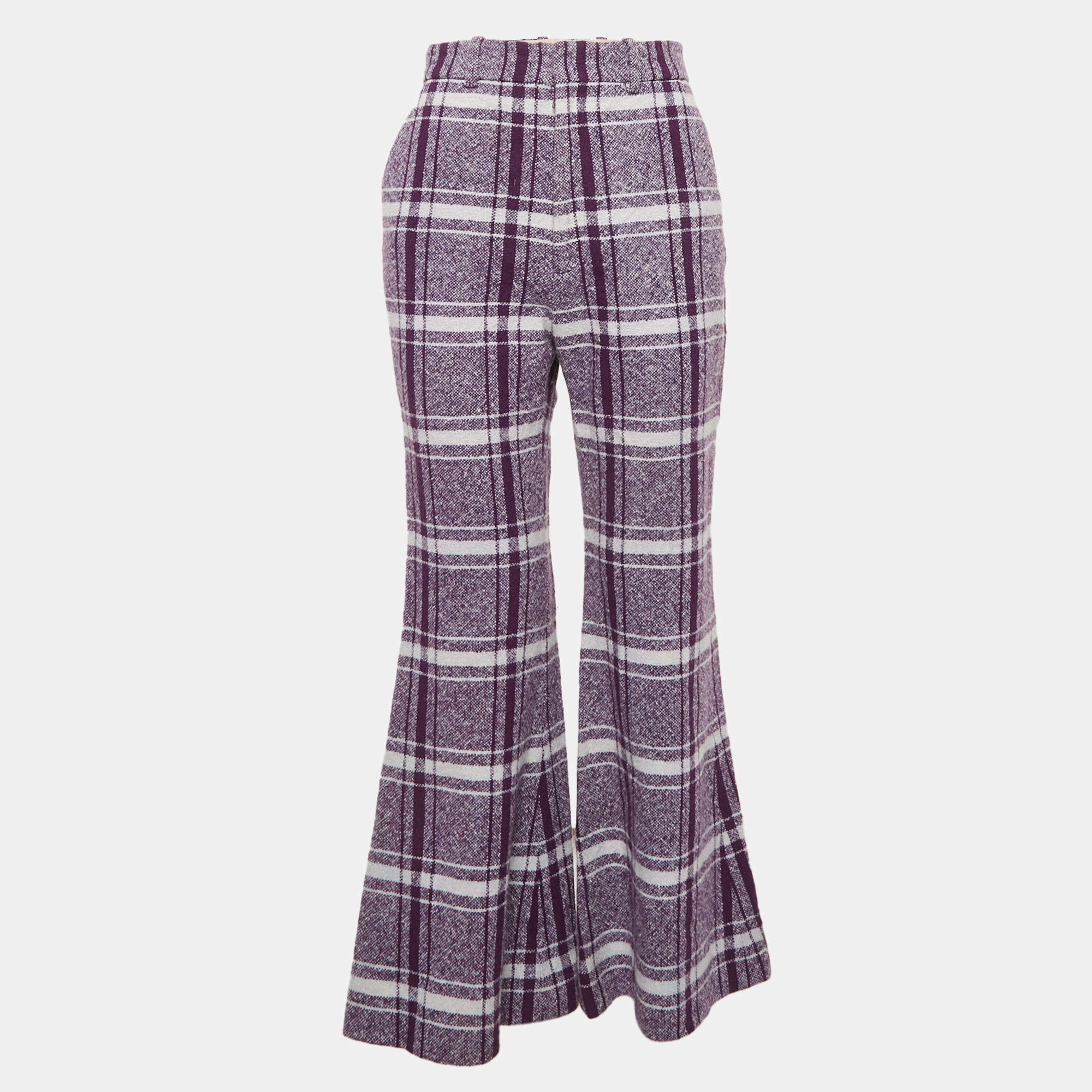 Gucci Purple Check Wool Tweed Flared Trousers S