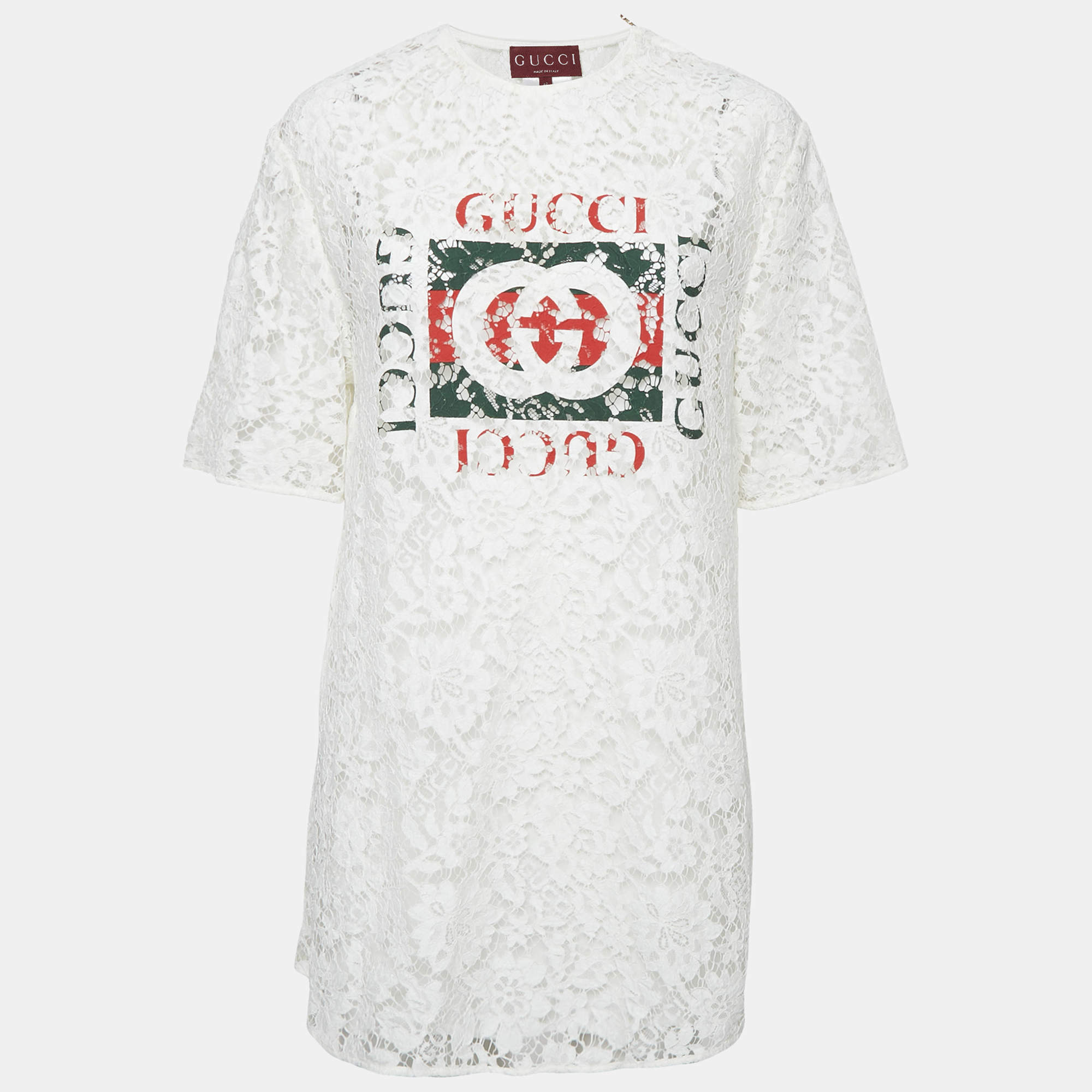 Gucci White Vintage Logo Print Lace Mini Dress M