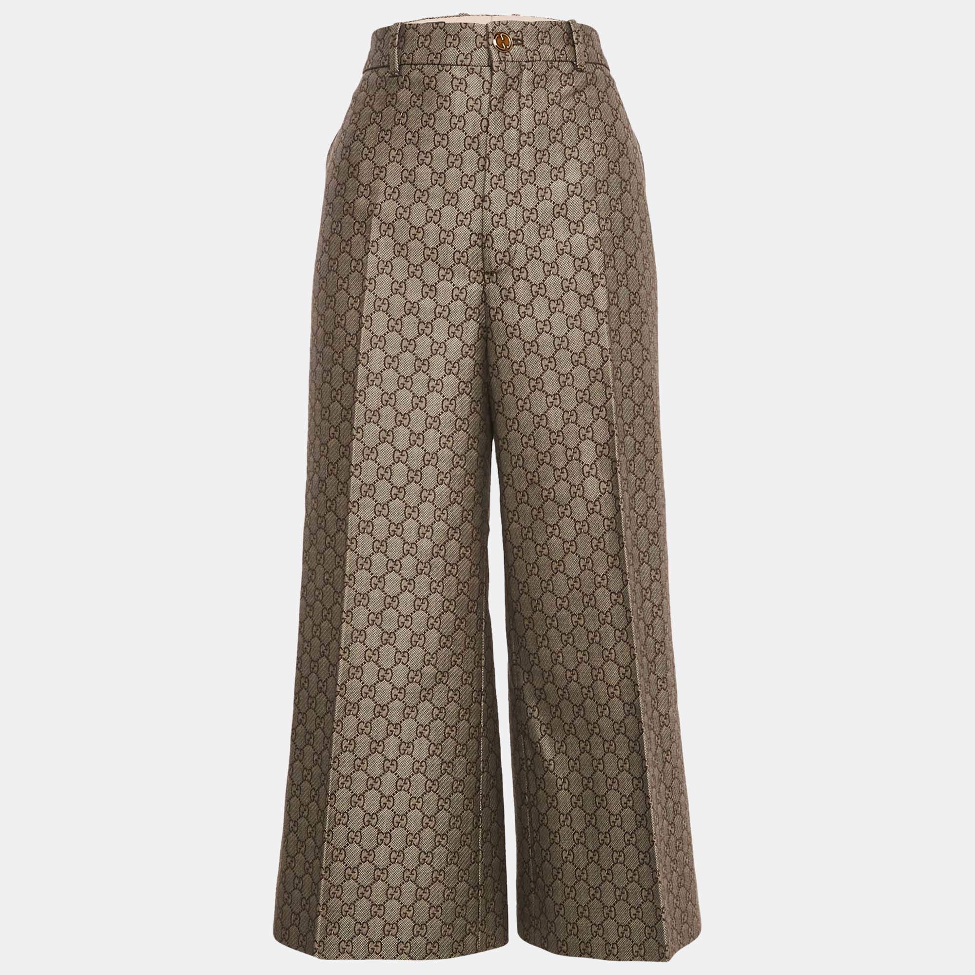 Pre Owned Gucci Beige GG Monogram Cotton Blend Canvas Culottes Pants L