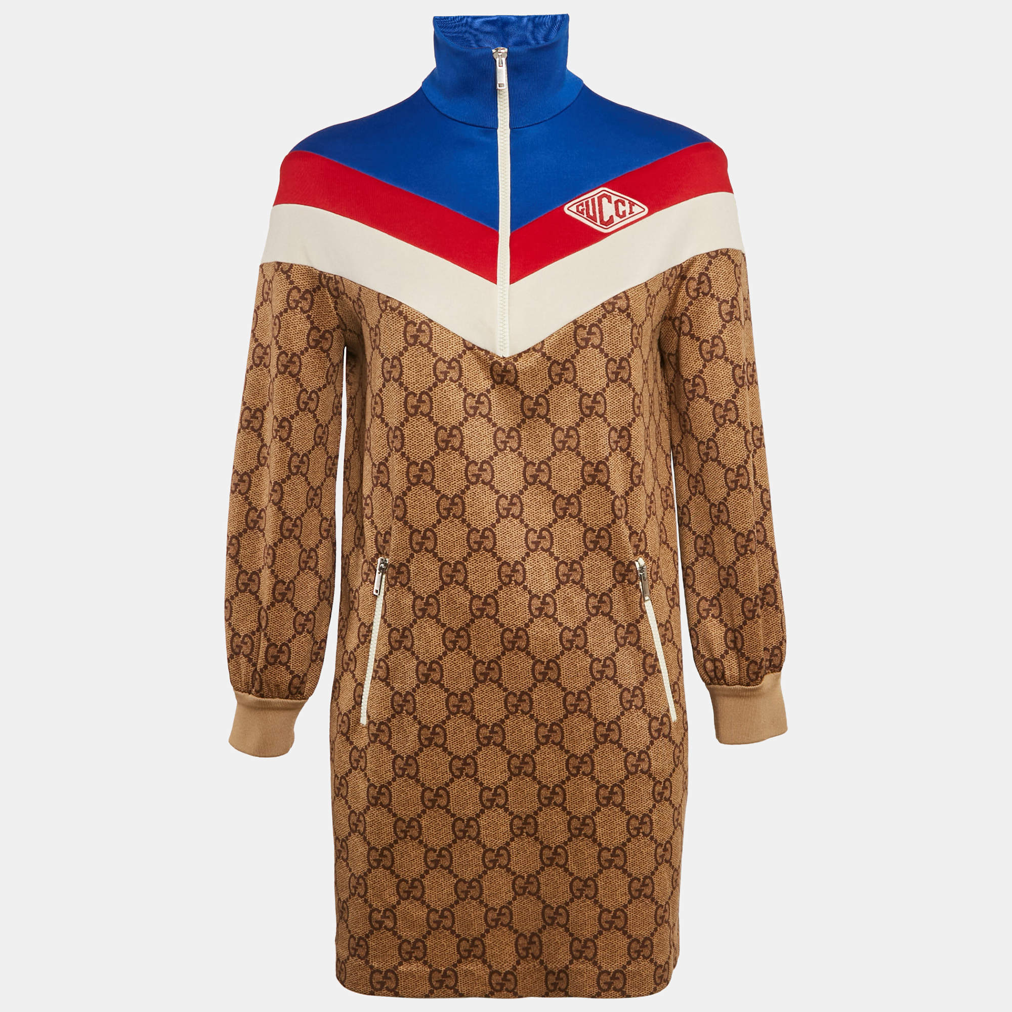 Pre Owned Gucci Brown GG Monogram Print Technical Jersey Web Detail Mini Dress XS