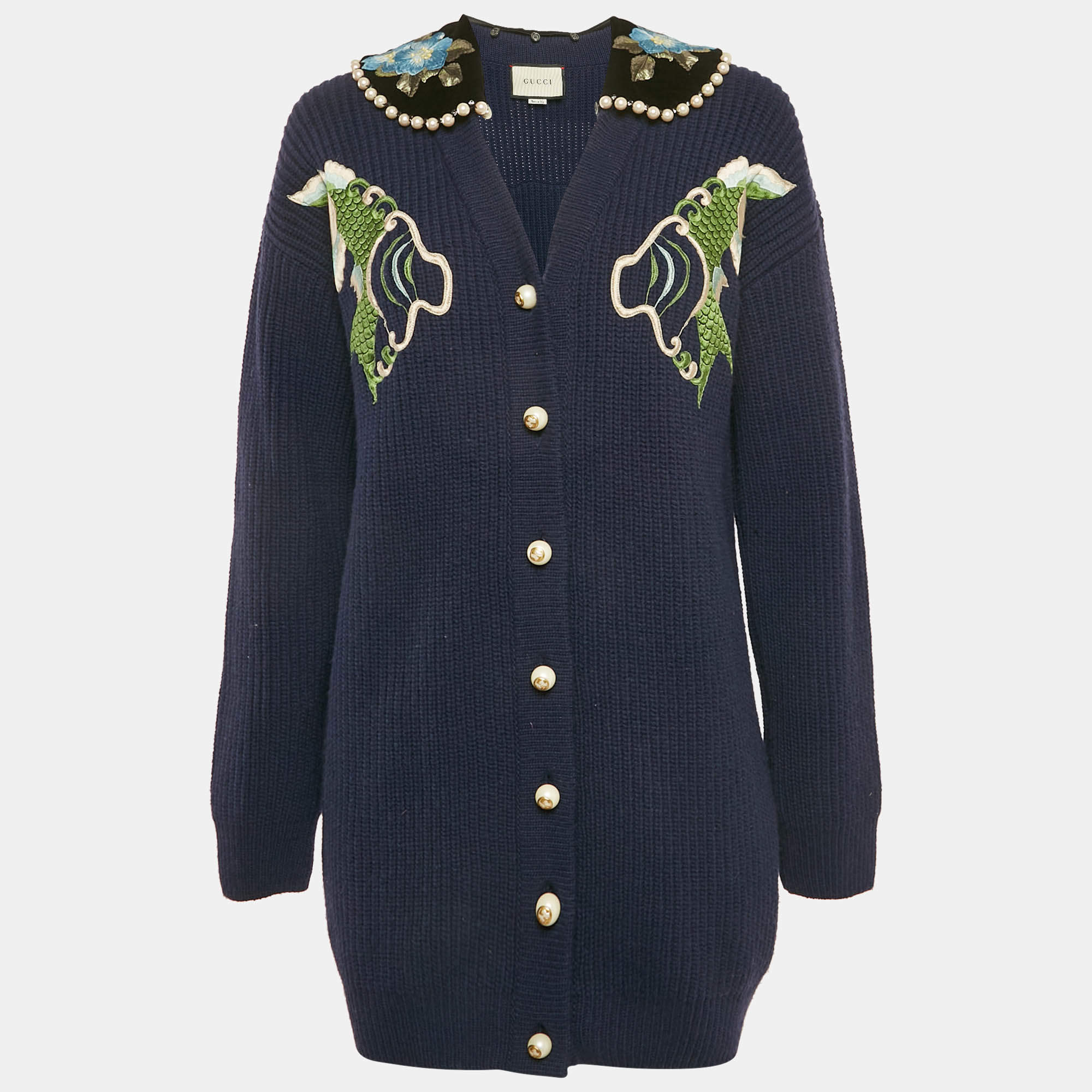 Gucci Navy Blue Embroidered Wool Pearl Detail Button Front Cardigan XS
