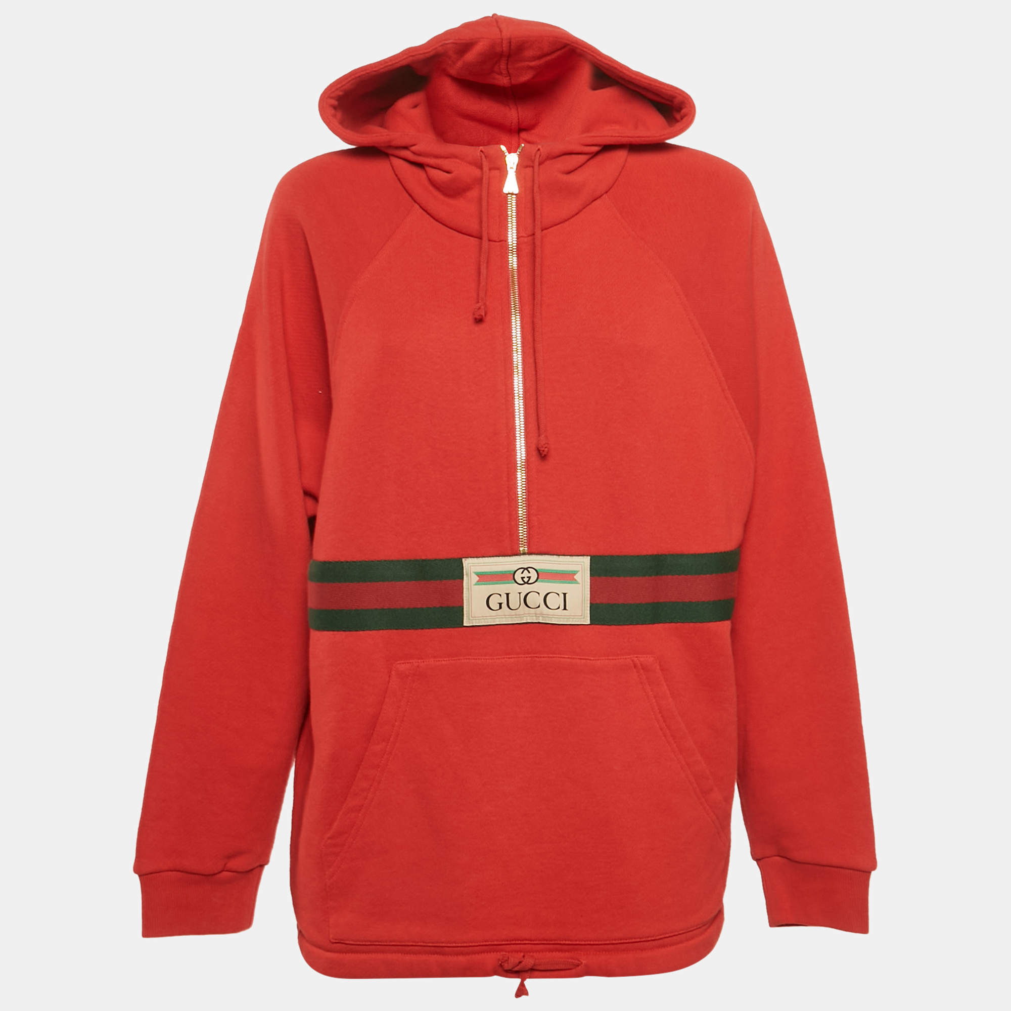 Gucci Red Cotton Web and Gucci Label Hooded Sweatshirt XXS