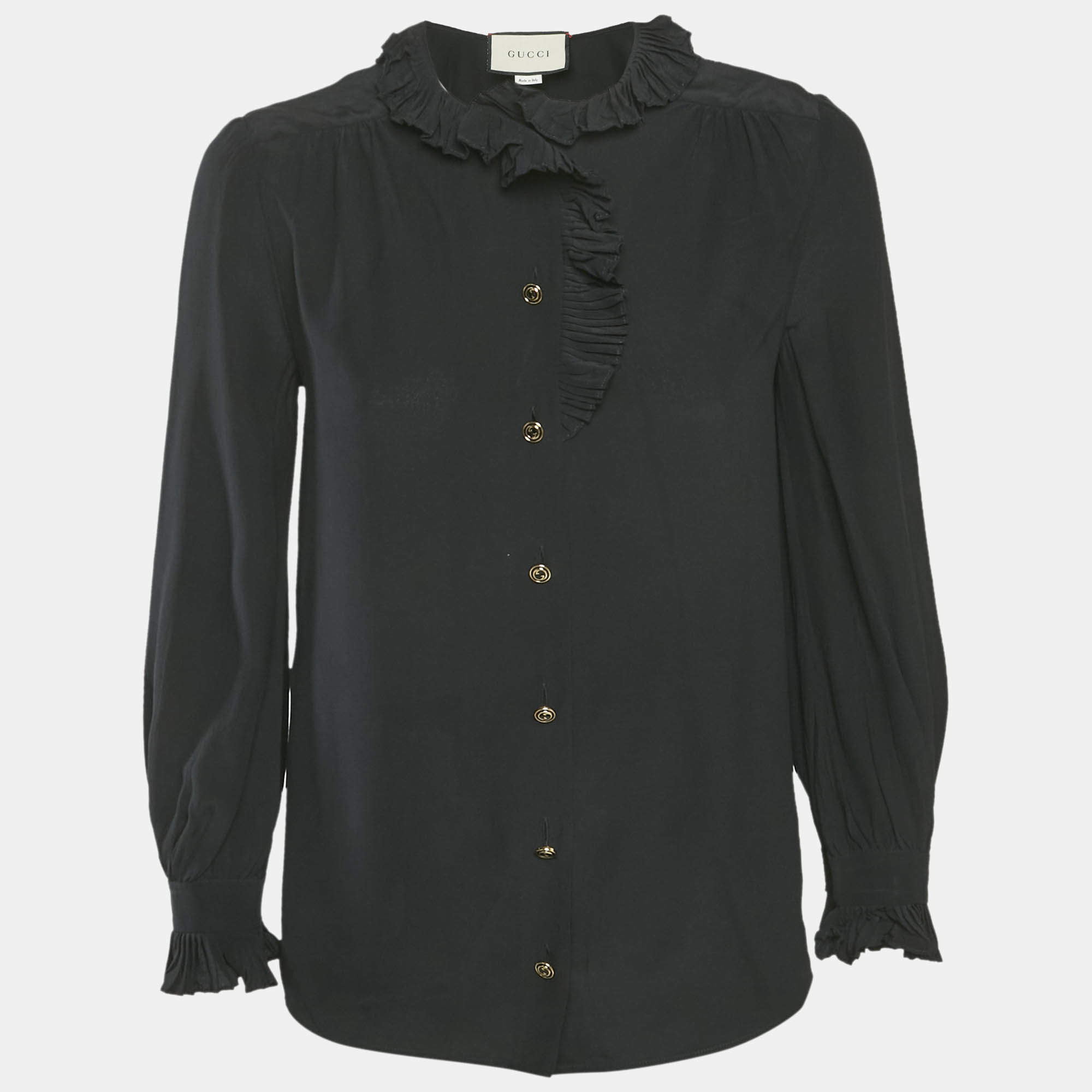 Pre Owned Gucci Black Silk Ruffled Long Sleeve Shirt M
