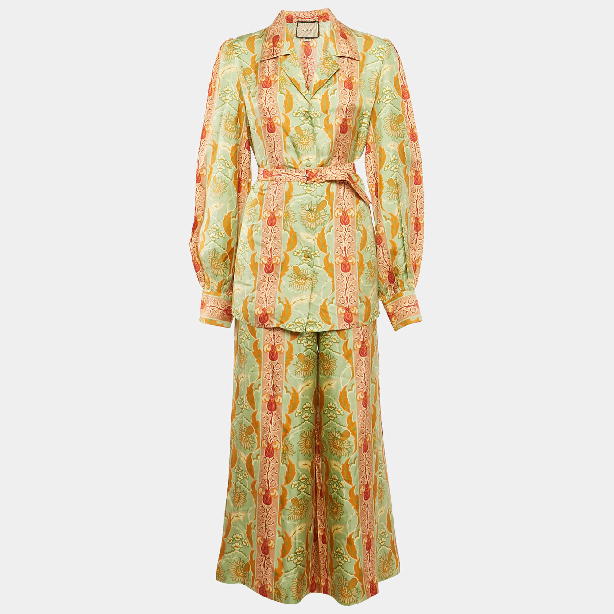 Gucci Green/Orange Floral Print Silk Shirt and Pants Set L