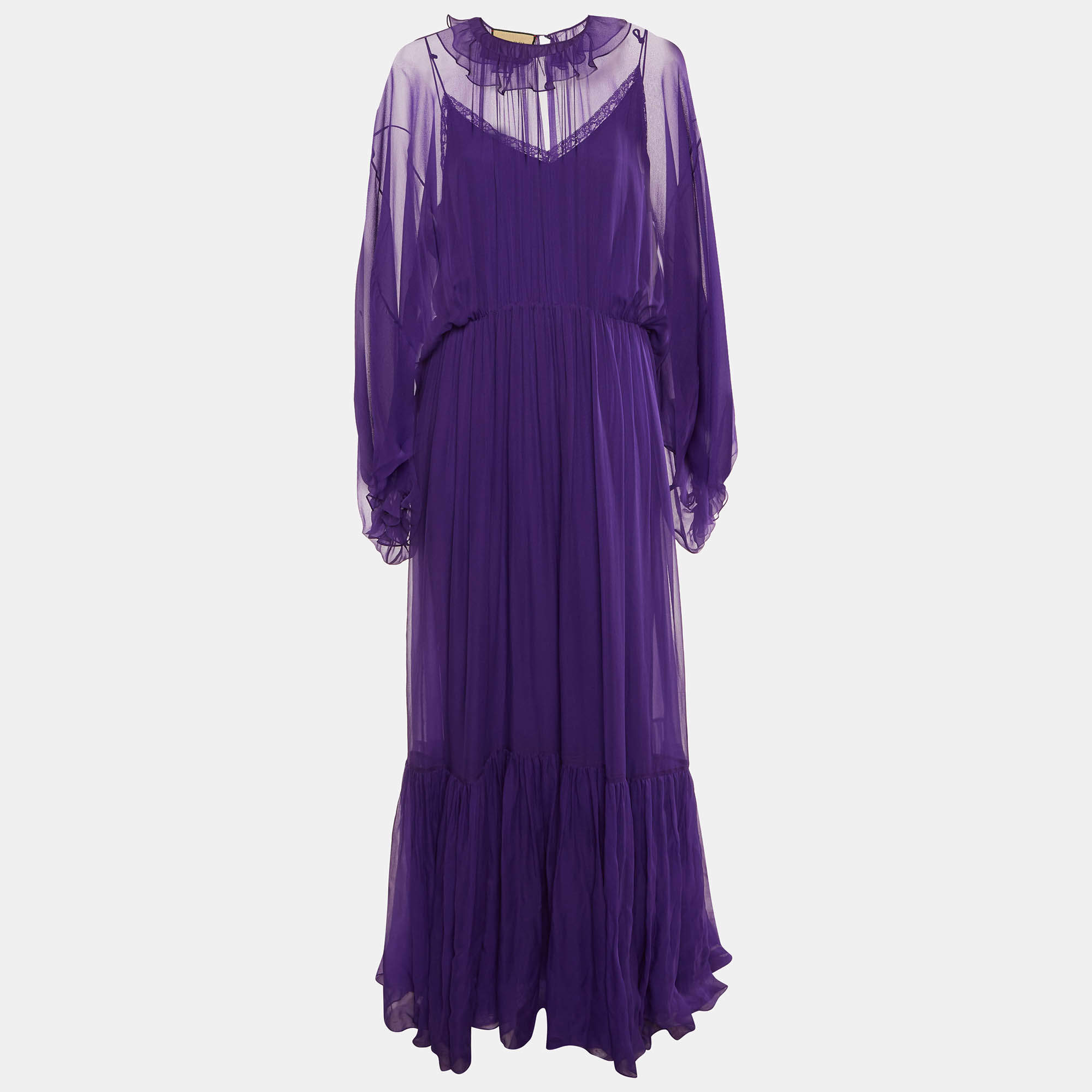 Gucci Purple Chiffon Gathered Maxi Dress L