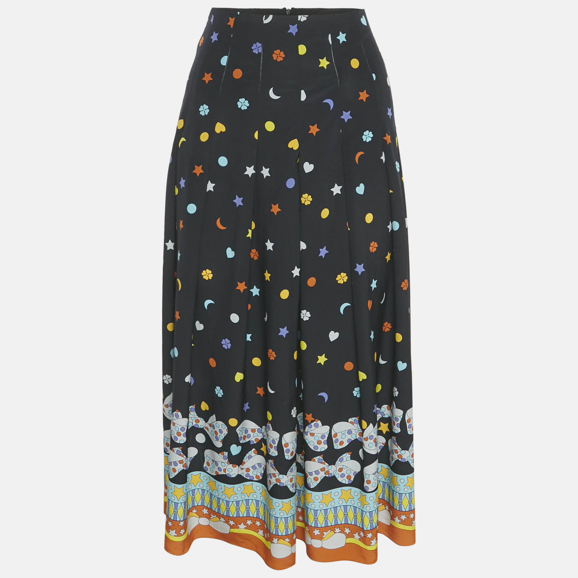 Gucci Blck Printed Silk Pleated Midi Skirt M