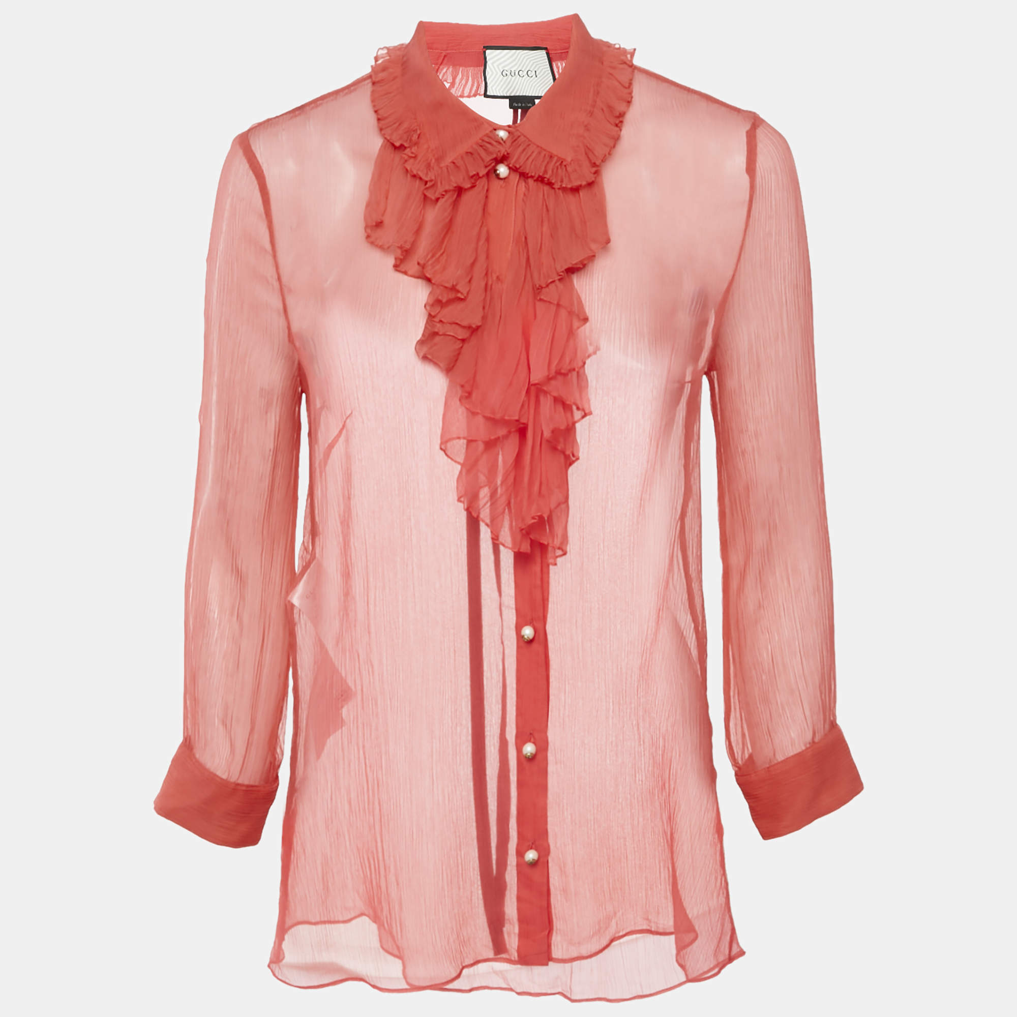 Pre Owned Gucci Pink Silk Chiffon Ruffle Neck Detail Button Front Sheer Top M