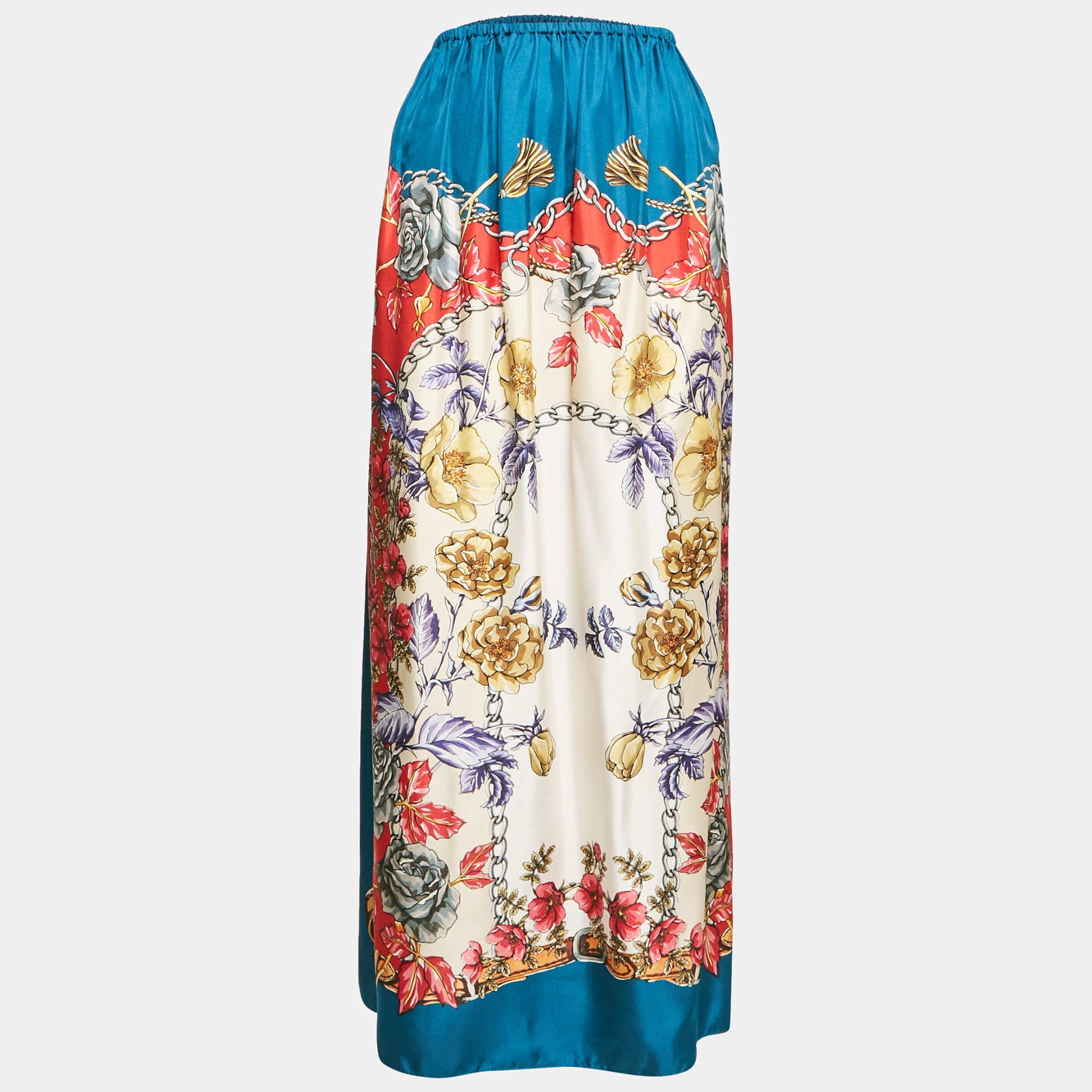Pre Owned Gucci Blue Floral Print Silk Maxi Skirt S