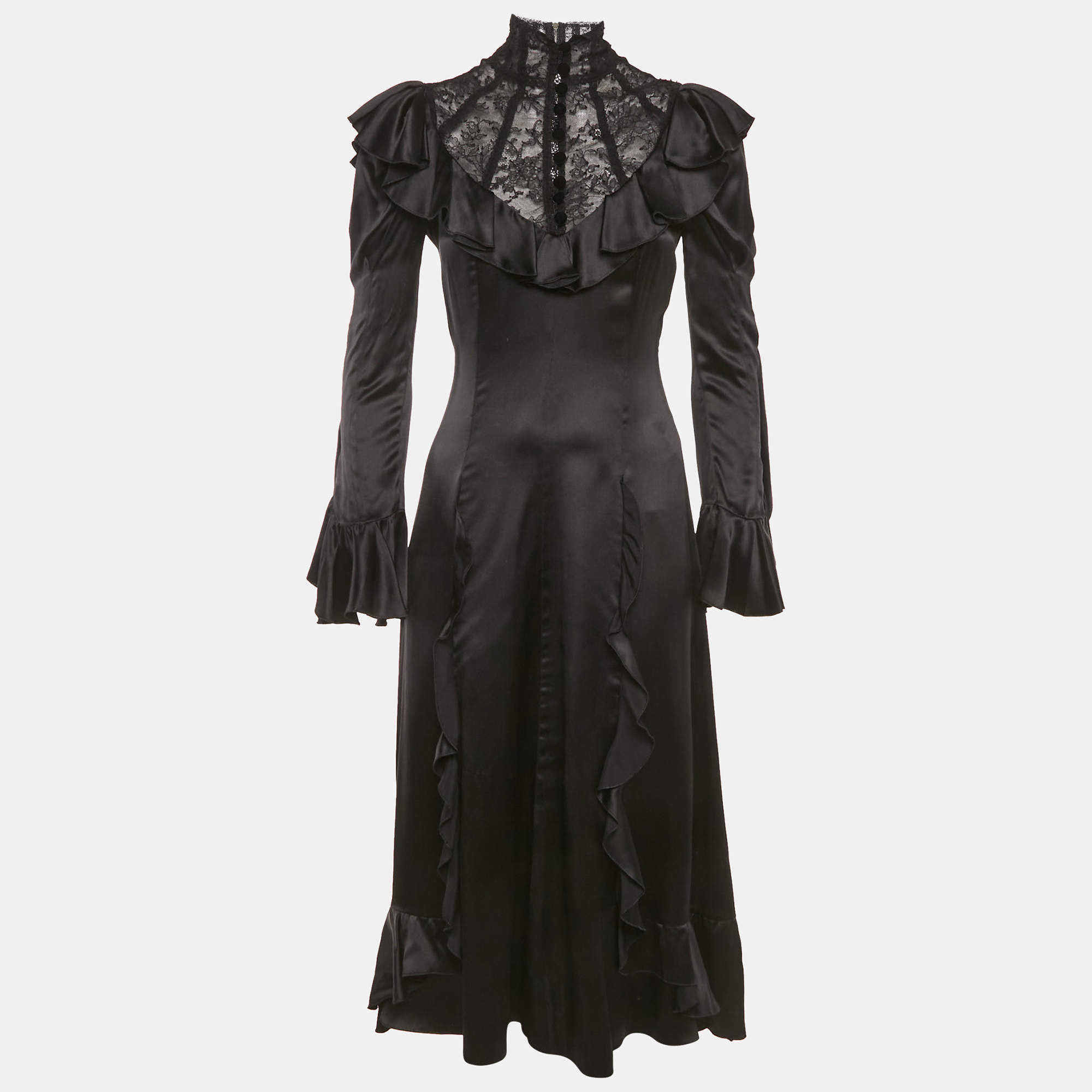 Pre Owned فستان غوتشي ساتان بكشكشة ودانتيل أسود متنوع مقاس صغير - سمول