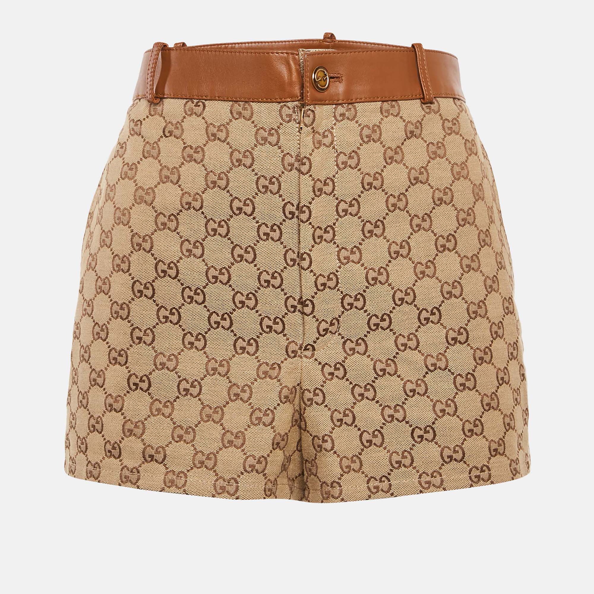 Pre Owned Gucci Beige GG Canvas Leather Trimmed Shorts XL