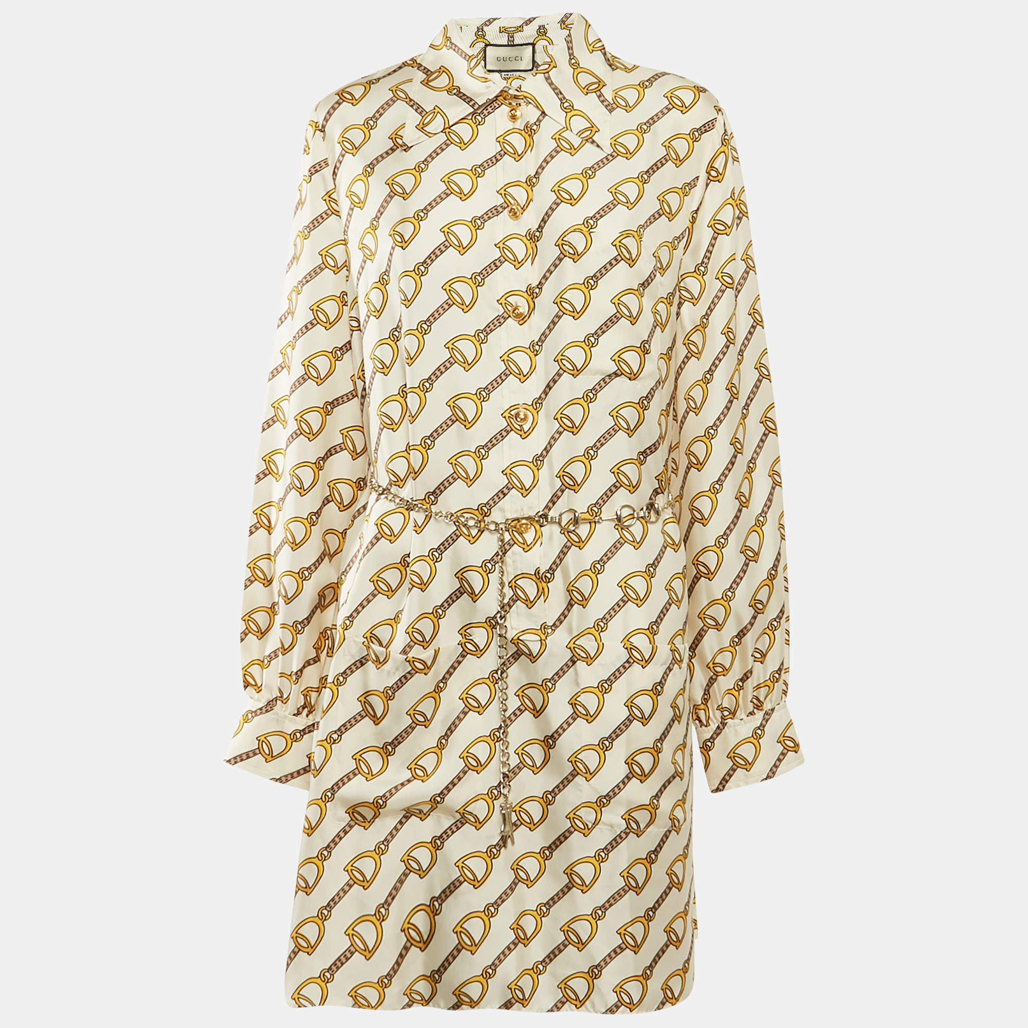 Gucci Off-White Horse-bit Print Silk Button Front Belted Short Dress L