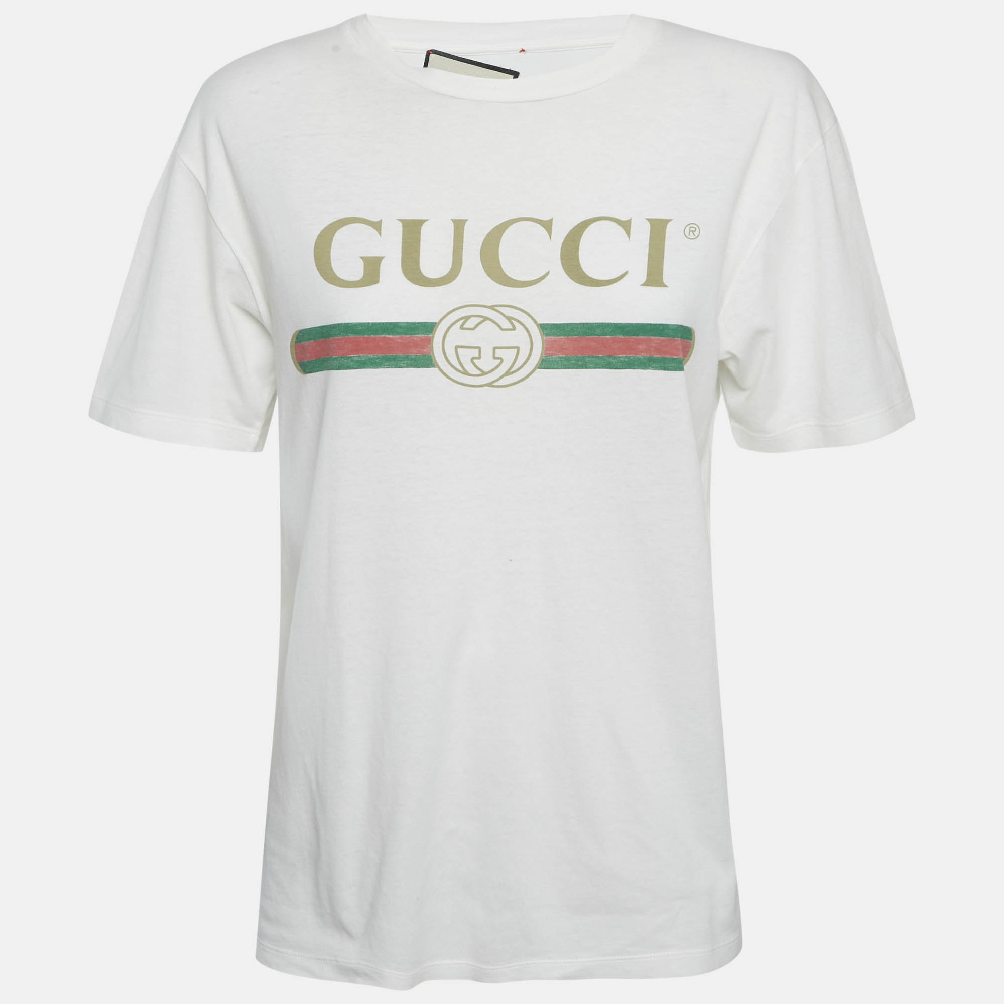 Gucci White Vintage Logo Print Jersey Distressed T-Shirt XXS