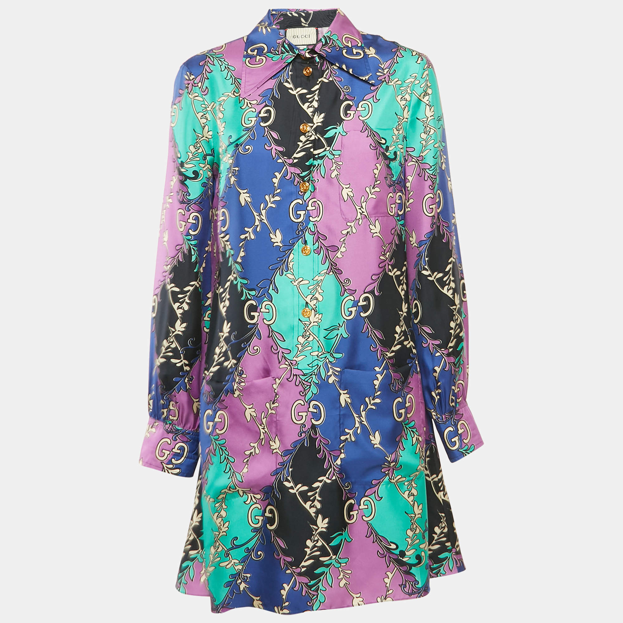 مملوكة مسبقًا فستان قميص حرير رمادي GG باللون الأرجواني غوتشي مقاس متوسط