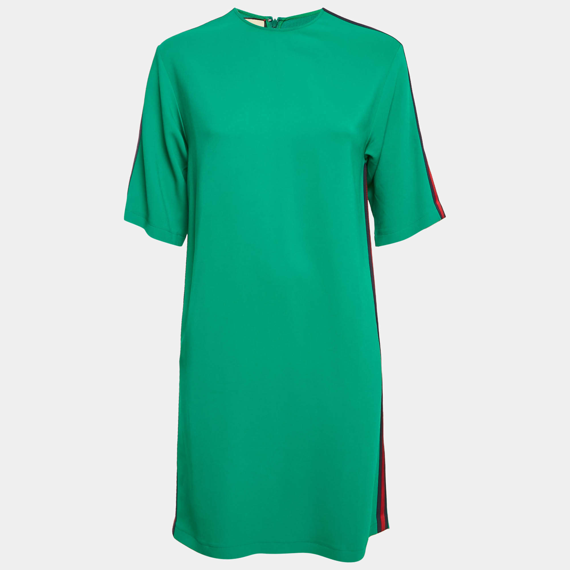Pre Owned Gucci Green Crepe Web Stripe Trim Detail Mini Dress S