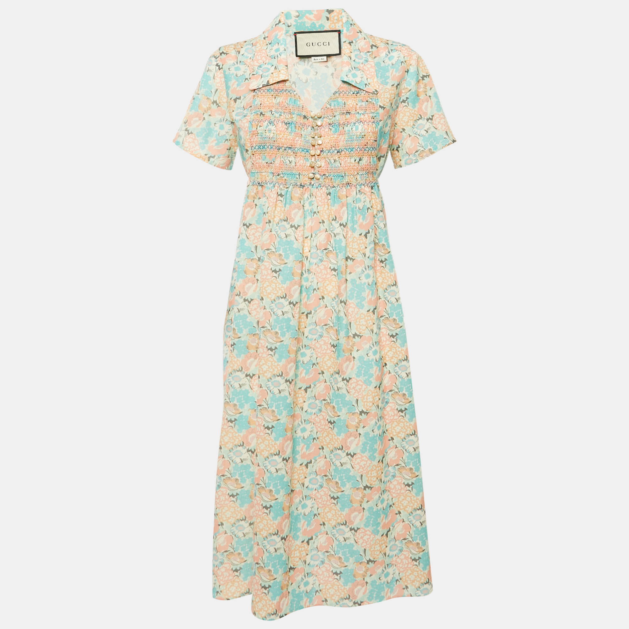 Pre Owned فستان غوتشي x ليبرتي صوفي أزرق مزهر بطبعة زهور بتفاصيل كشكشة متوسط الطول مقاس متوسط (ميديوم)