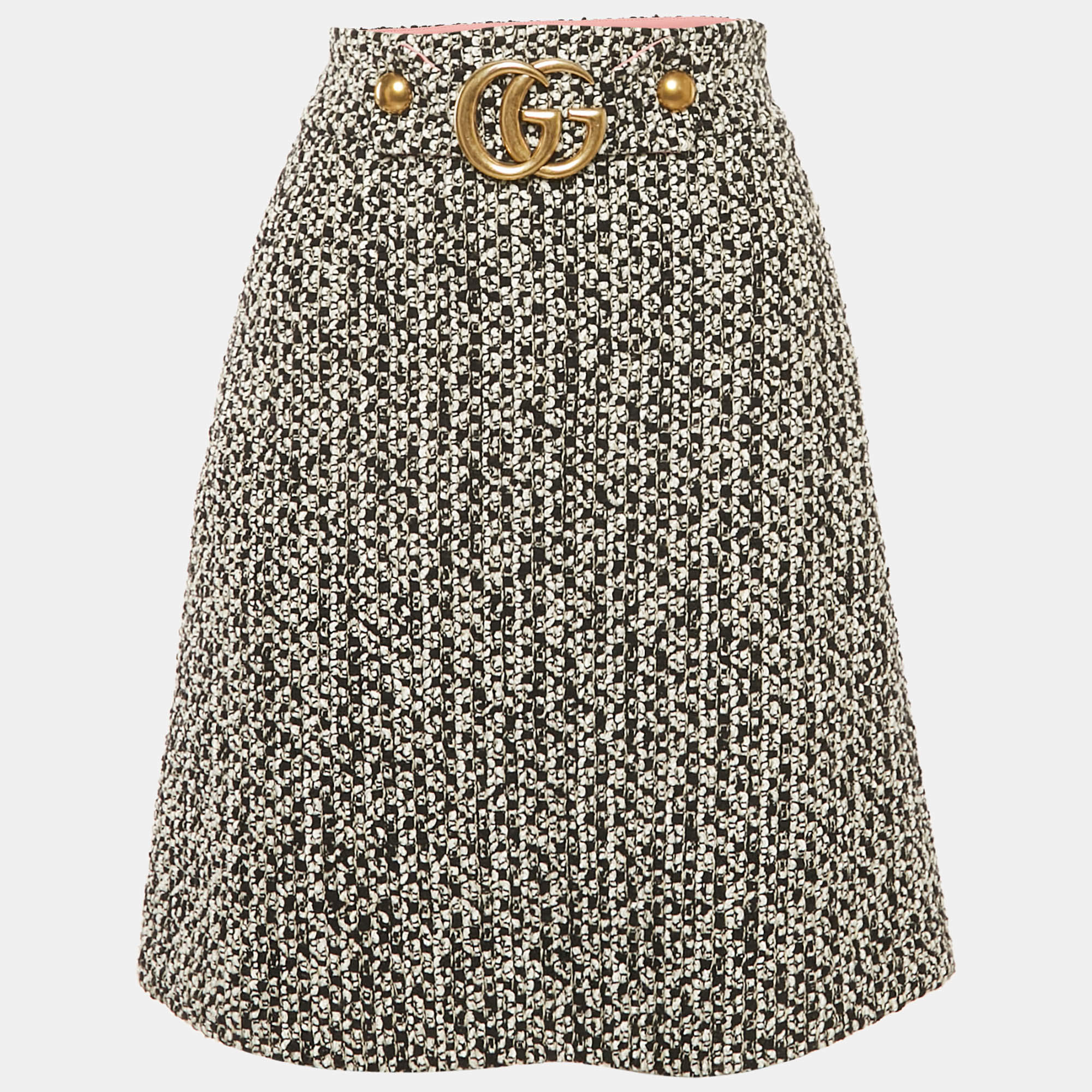 Pre Owned Gucci Black/White Tweed GG Logo Metal Detail Mini Skirt S