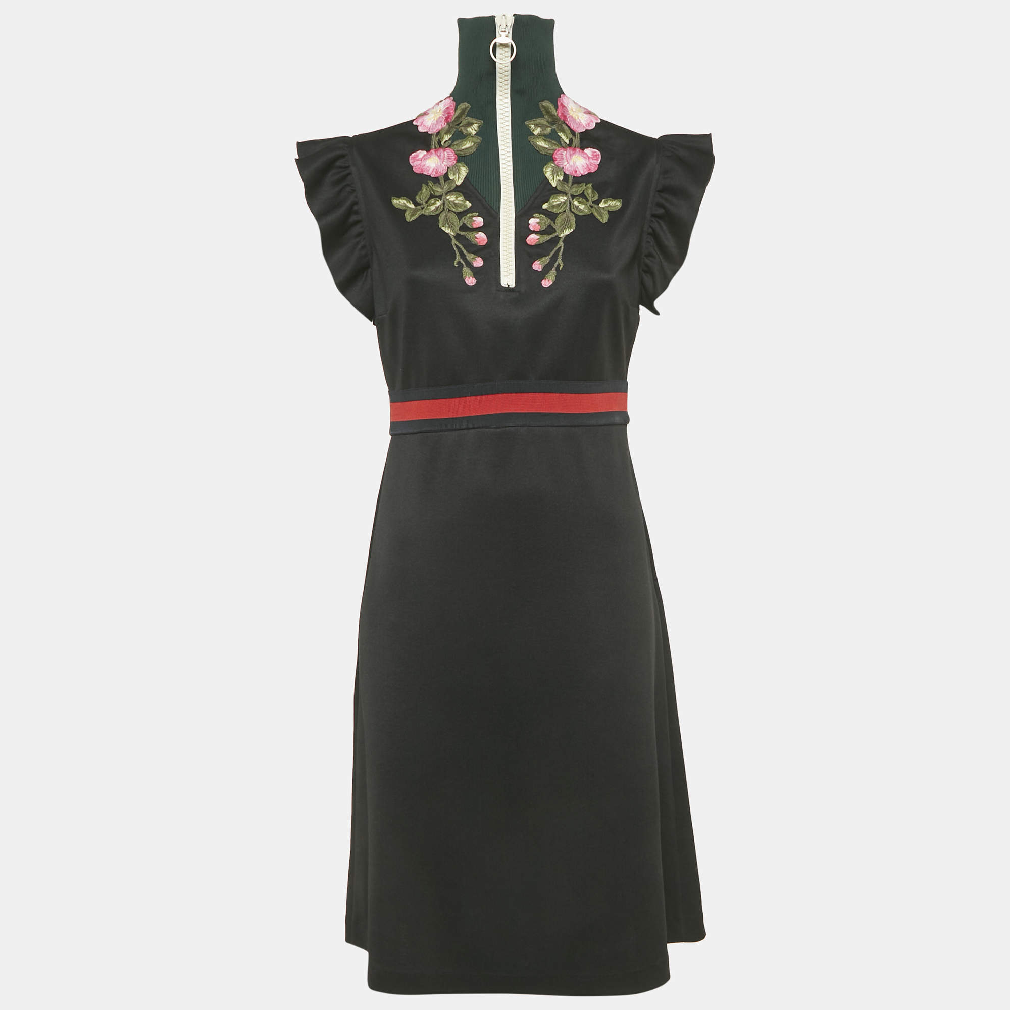 مملوكة مسبقًا Gucci Black Floral Embroidered Knit Turtle Neck Mini Dress L