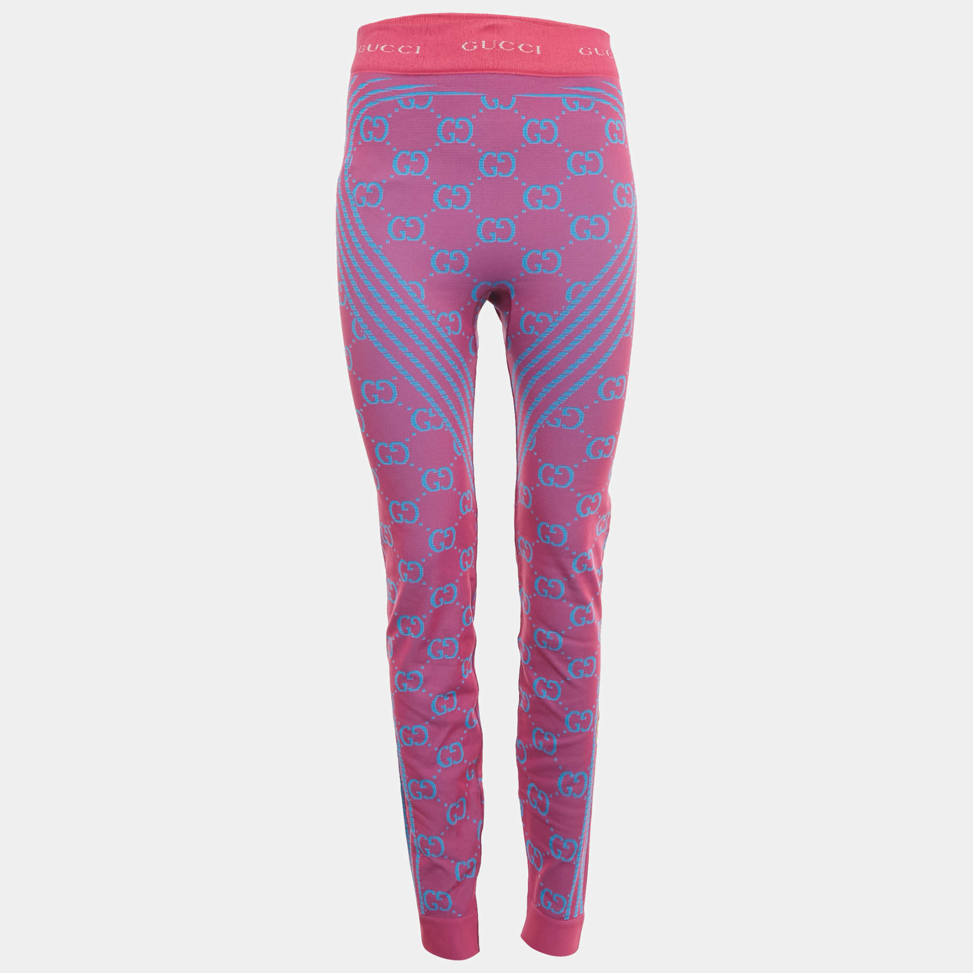 Pre Owned Gucci Pink/Blue GG Jacquard Technical Jersey Leggings M