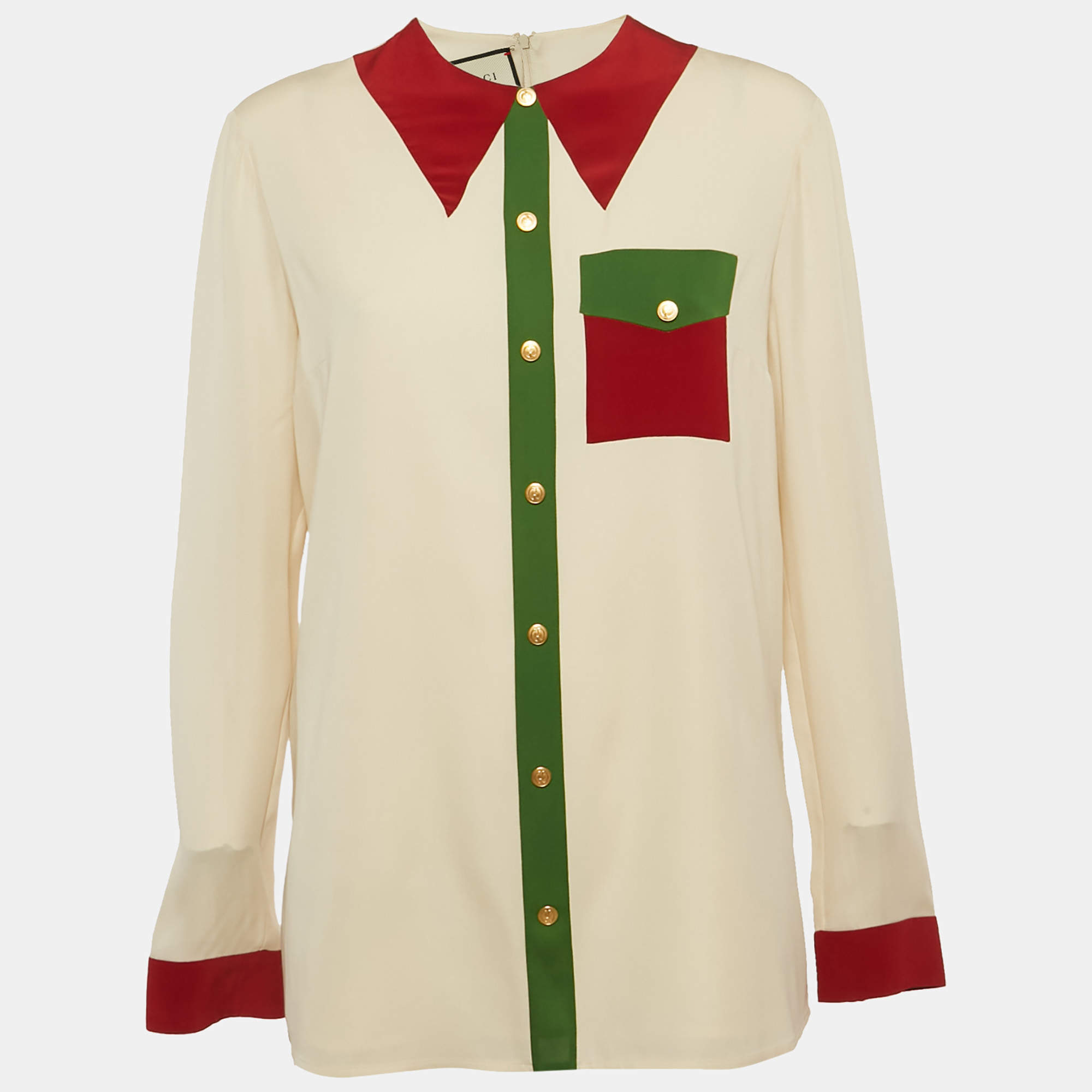 Pre Owned Gucci Cream Silk Long Sleeve Blouse M