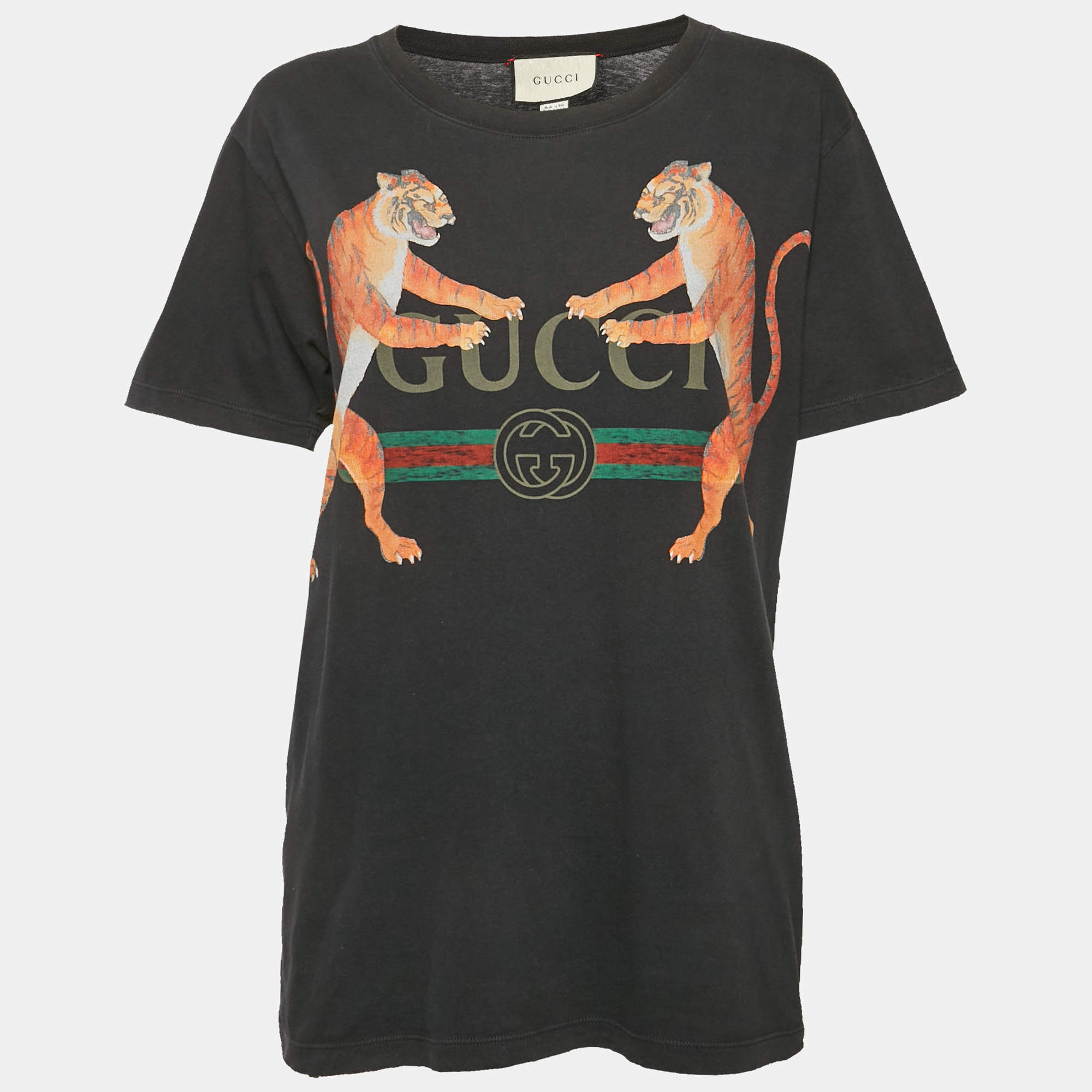 مملوكة مسبقًا تي شيرت غوتشي قطن مطبوع شعار قديم مستهلك أسود مقاس صغير