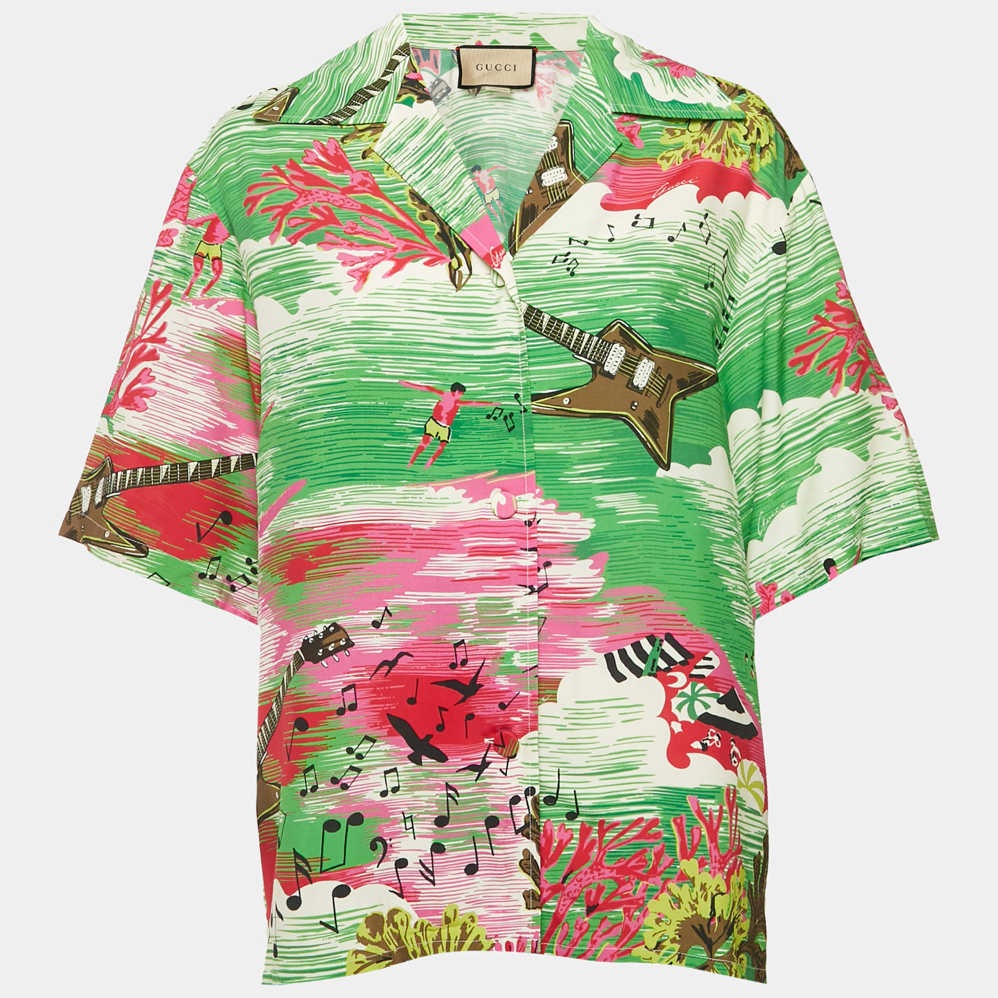 Pre Owned Gucci Green Love Parade Print Crepe Short Half Sleeve Shirt M