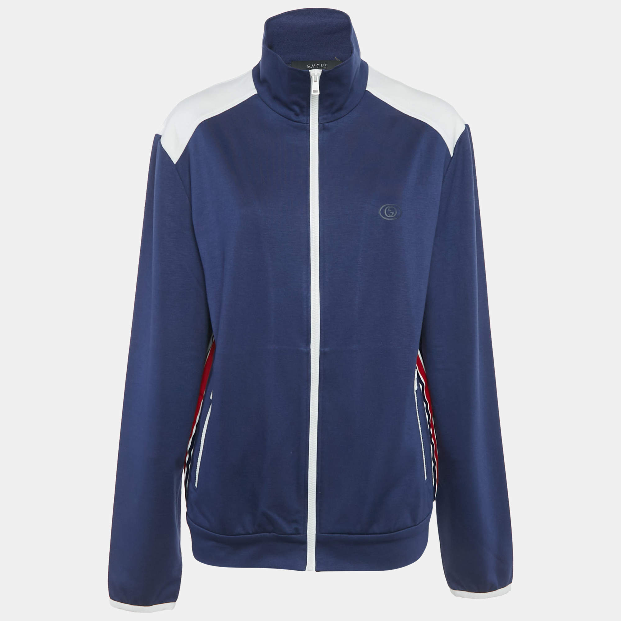 Pre Owned Gucci Navy Blue Side Striped Jersey Zip-Up Jacket XL