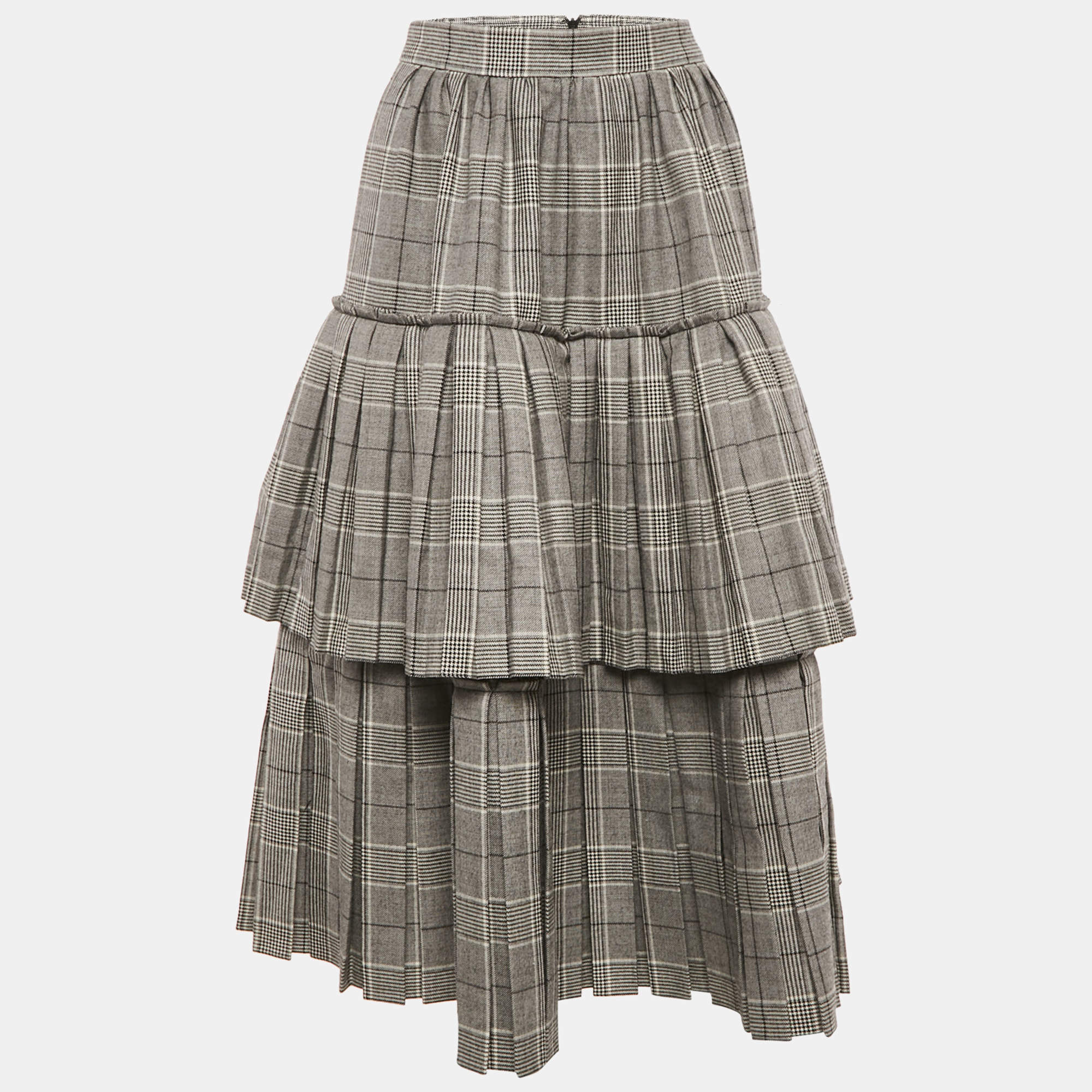 Pre Owned Gucci Monochrome Prince Of Wales Wool Tiered Midi Skirt M