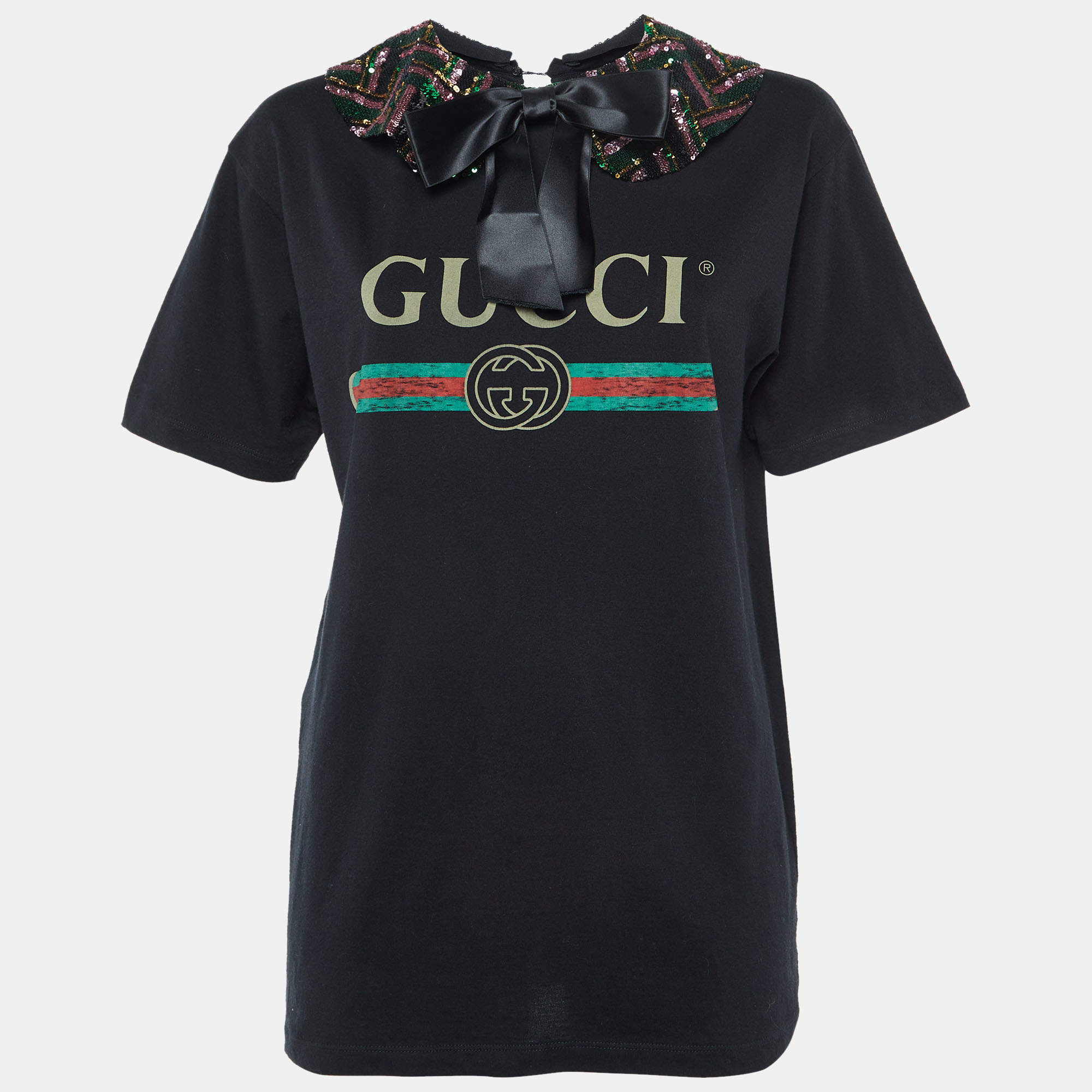 Pre Owned Gucci Black Logo Print Sequined Embellished Collar T-Shirt XS