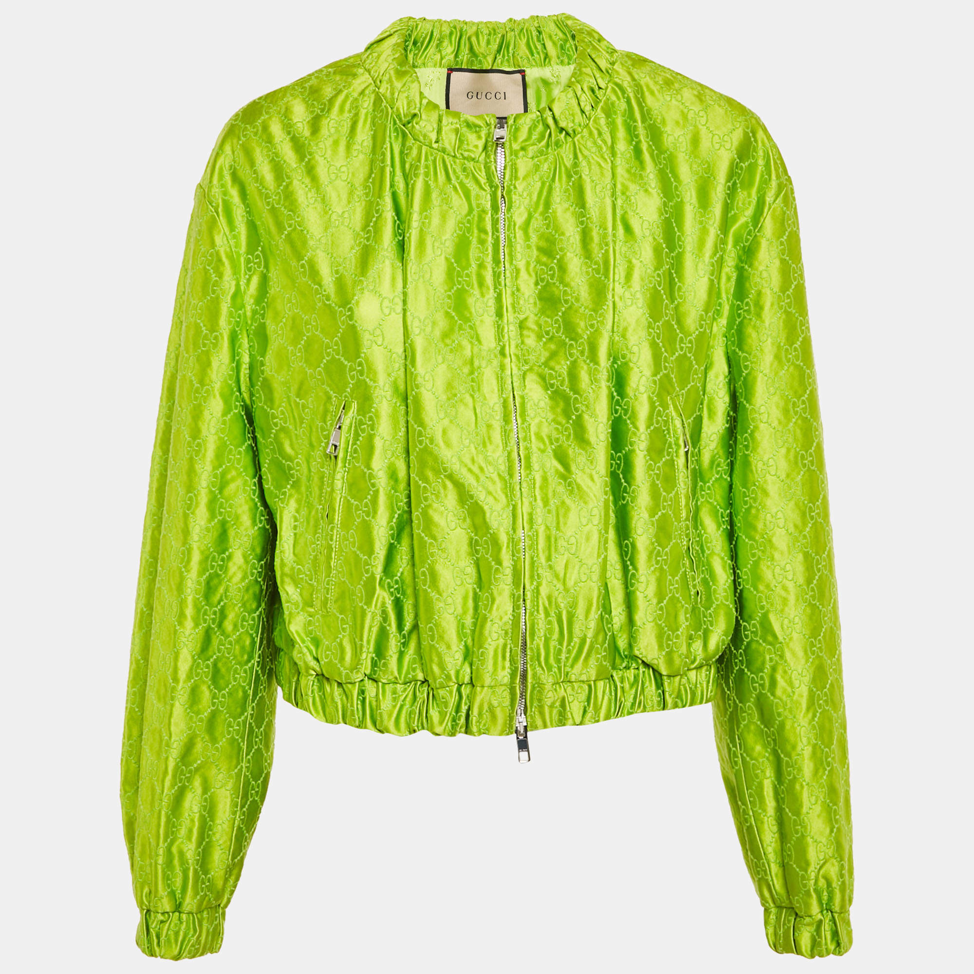 مملوكة مسبقًا Gucci Green GG Supreme Embroidery Silk Zip-Up Jacket M