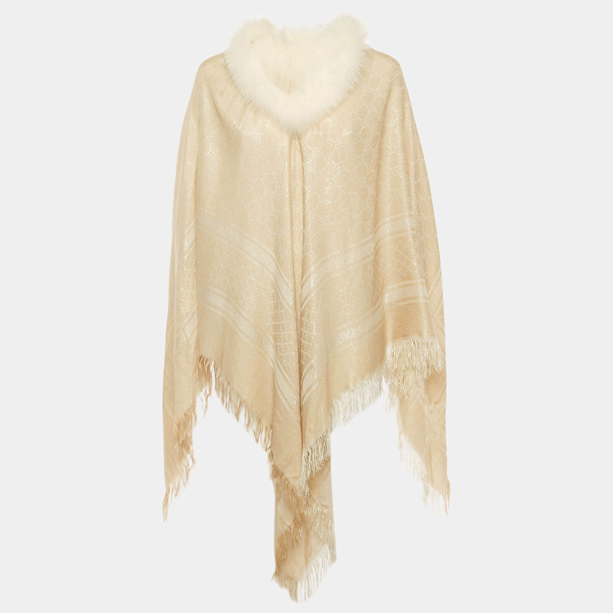 Pre Owned Gucci Beige Fur Trim Lamé Wool Poncho One Size 