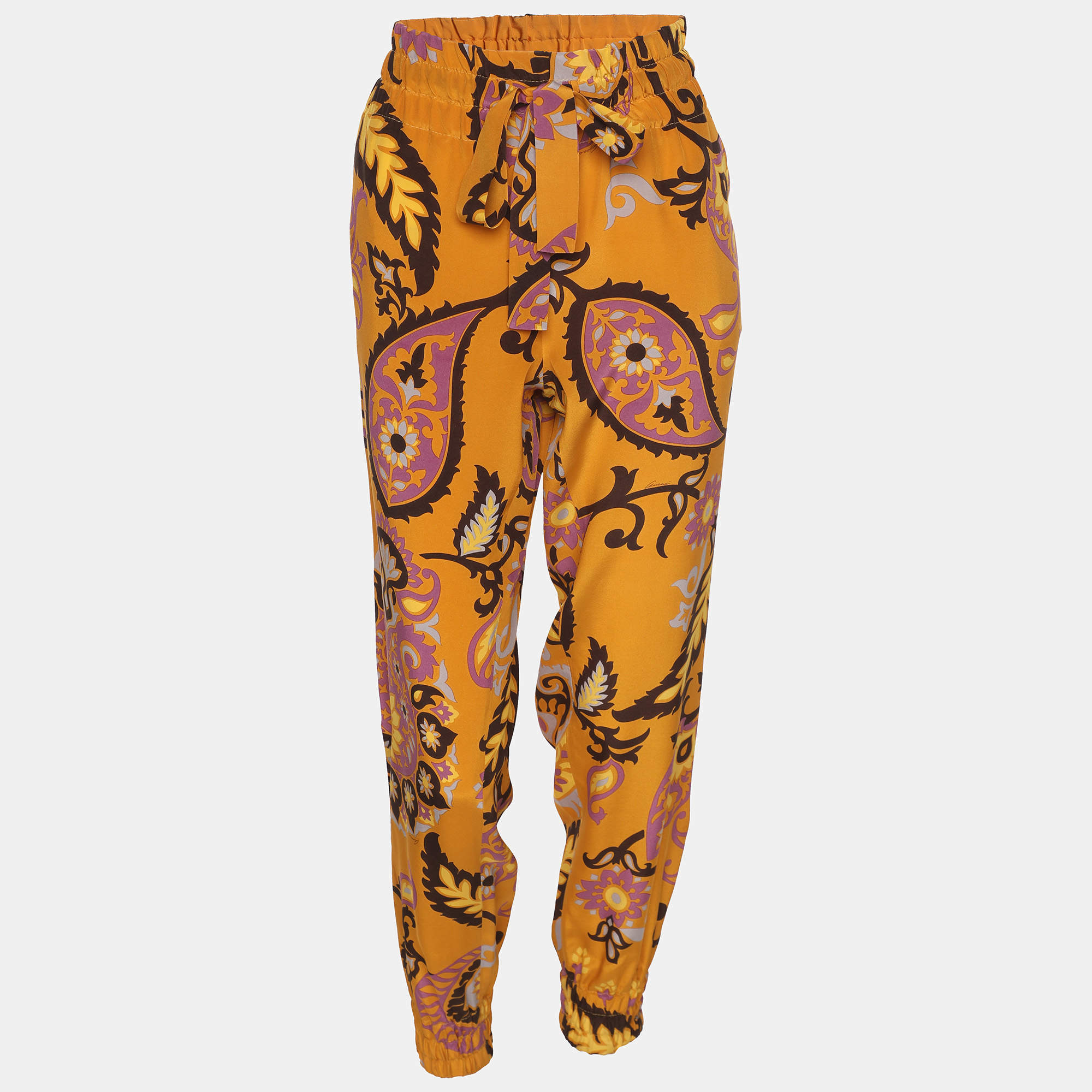 Pre Owned Gucci Ochre Yellow Paisley Printed Silk Elasticized Waist Jogger Pants S