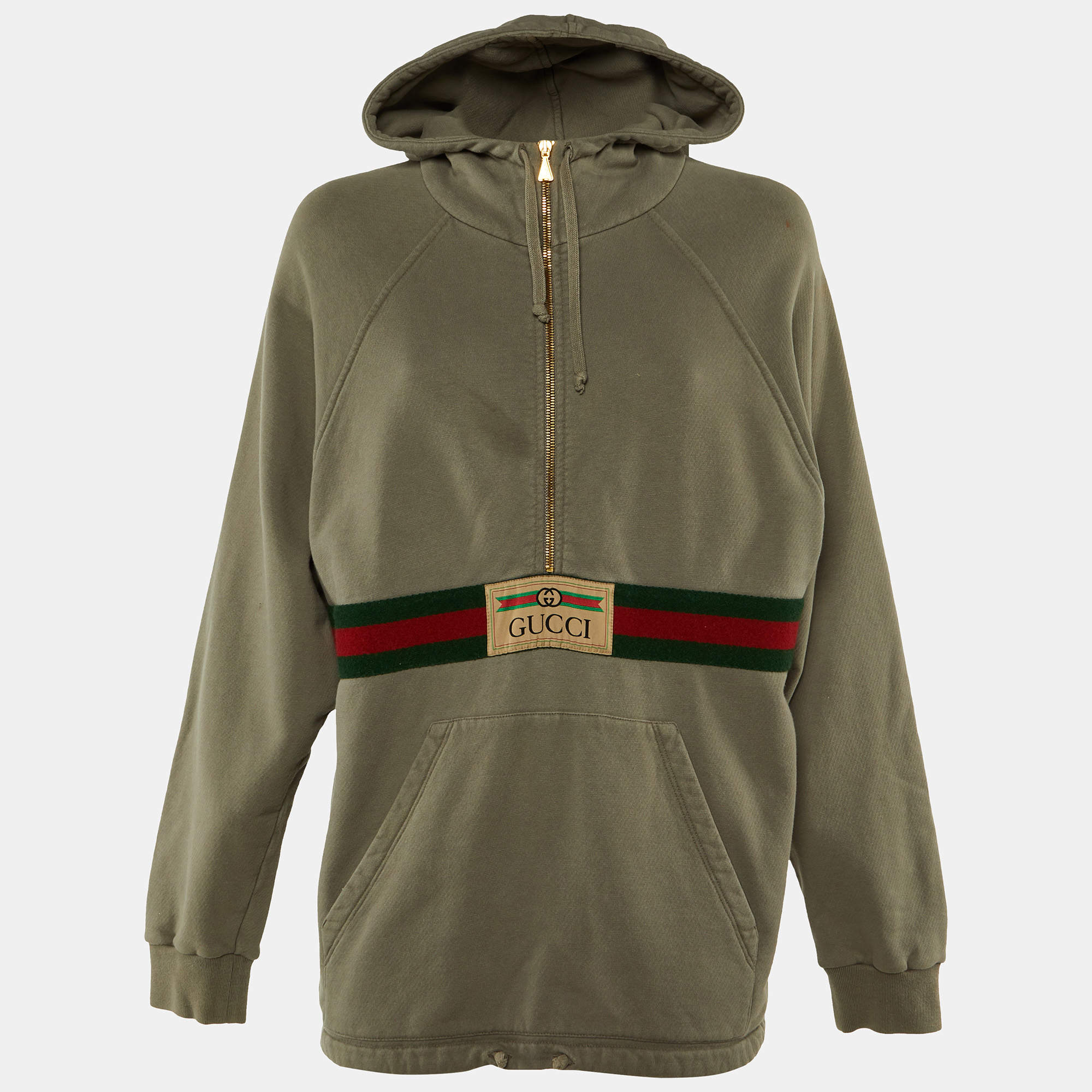 مملوكة مسبقًا هودي غوتشي رمادي قطني بإفراط في الحجم مع تفاصيل شريط الشعار مقاس صغير جدًا - إكس سمول