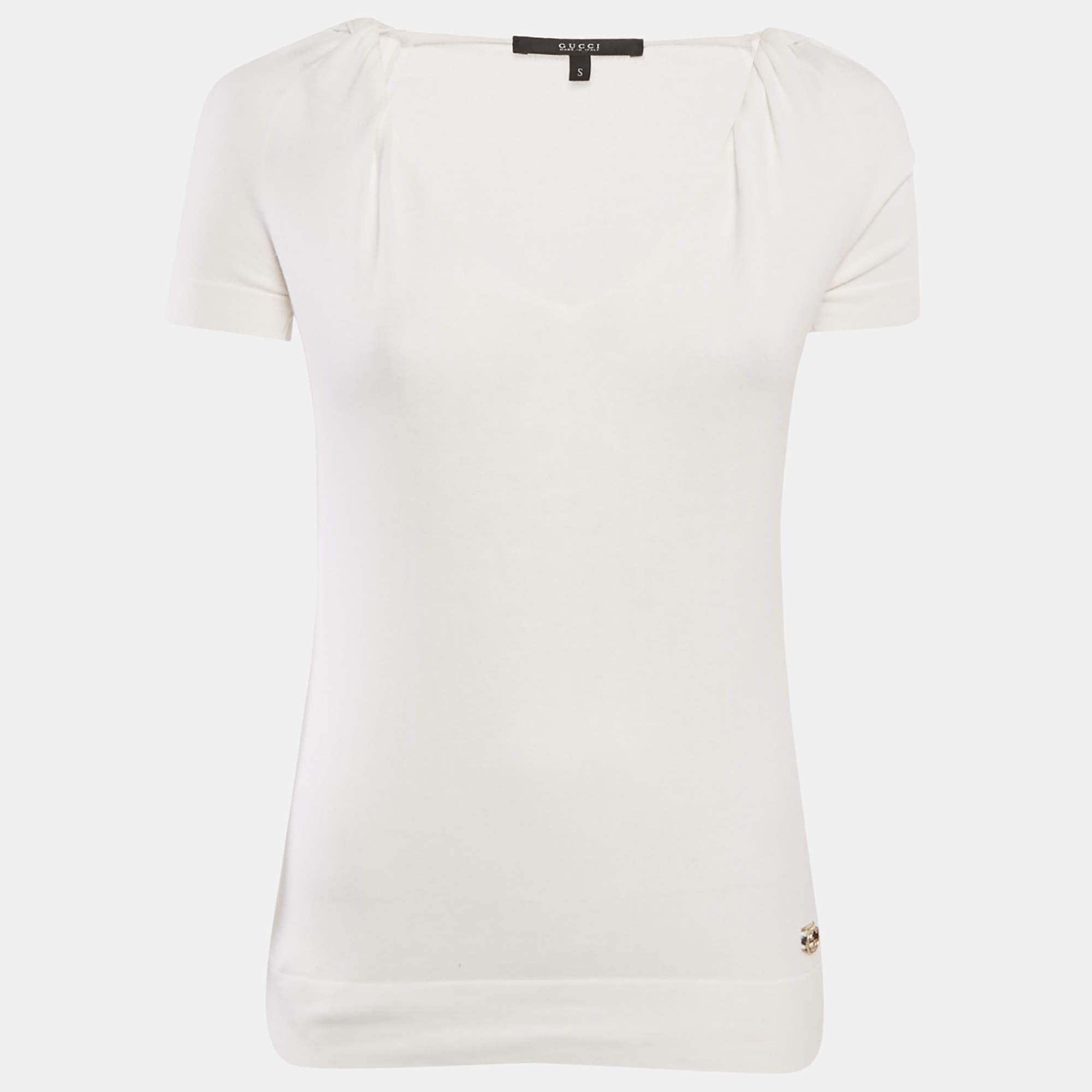 Pre Owned Gucci White Cotton Knit GG Logo Detail V-Neck T-Shirt S