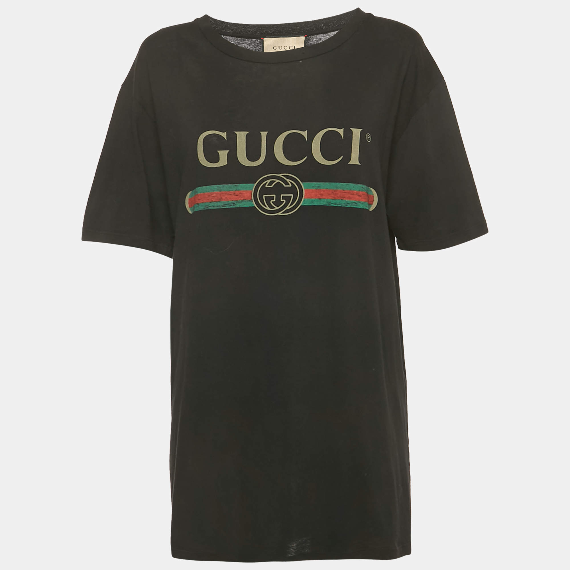 Pre Owned Gucci Black Vintage Logo Print Cotton Distressed T-Shirt M