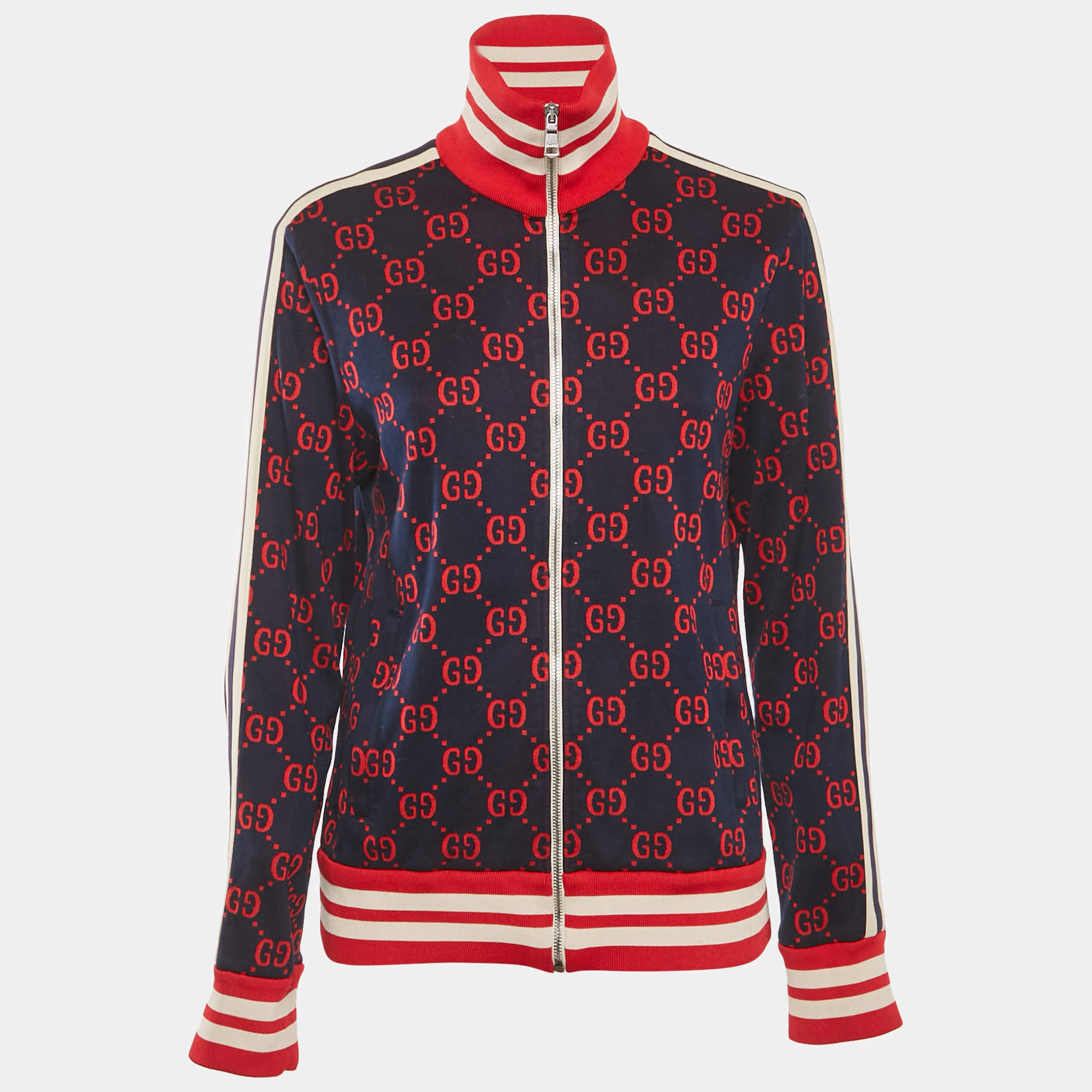 Pre Owned Gucci Navy Blue GG Monogram Print Cotton Knit Zip -Up Jacket M