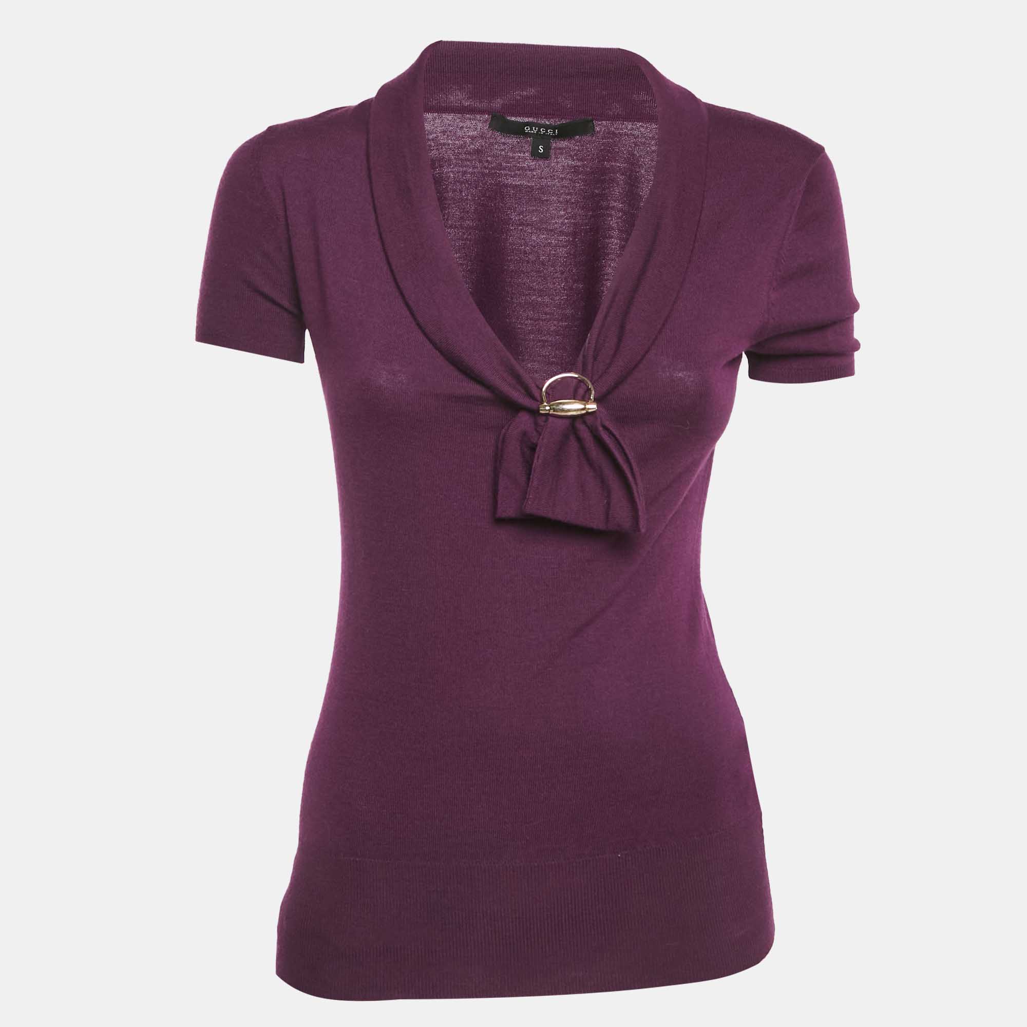 مملوكة مسبقًا Gucci Purple Jersey Neck Detail T-Shirt S